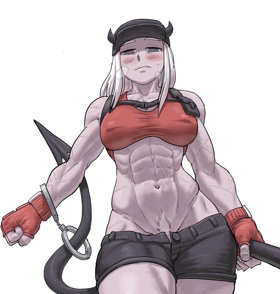 1girls, abs, airing out, big breasts, blush, breasts, breath, colored, elbow pads, female, fingerless gloves, flustered, gloves, handcuffs, hat, helltaker, heppari, justice (helltaker), large breasts, muscular, muscular female, police, police hat, police uniform, policewoman, solo focus, steam, straight hair, sweat, sweat stain, sweaty, tomboy, white hair