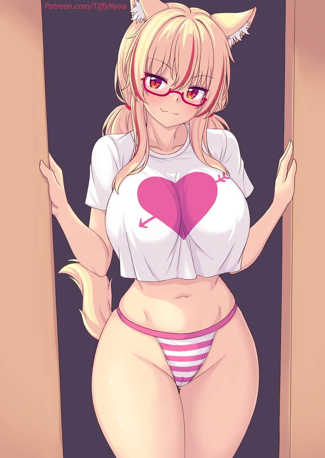 blonde hair, blush, breasts, cat ears, catgirl, crop top, glasses, heart print, large breasts, nottytiffy, oerba yun fang, panties, red eyes, red highlights, tail, tiffy, tiffynyaa, twintails