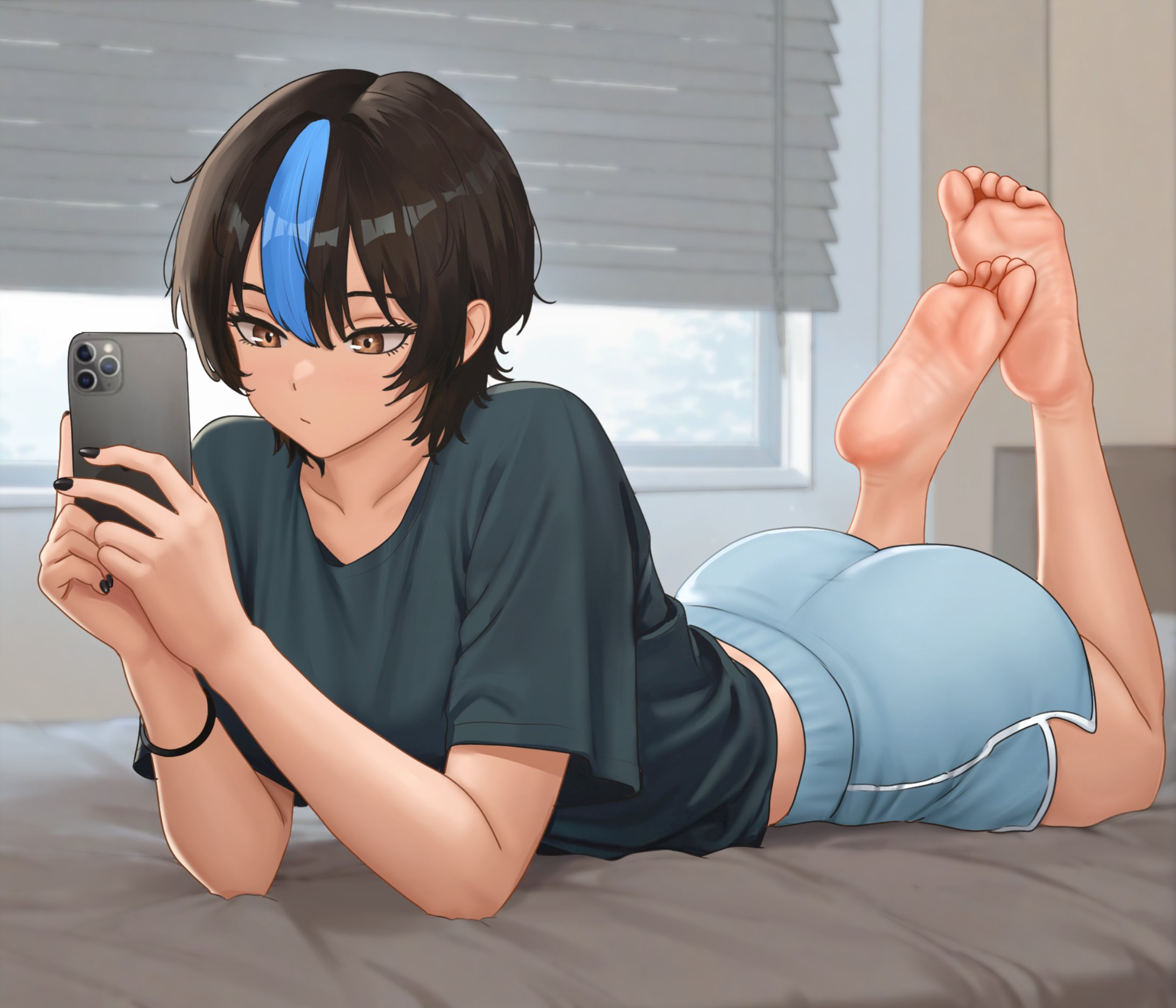 :/, ass, bare legs, barefoot, black hair, black nails, black shirt, blue hair, blue shorts, breasts, brown eyes, cellphone, collarbone, commentary, dolphin shorts, english commentary, feet, feet up, female, hair between eyes, highres, holding, holding phone, indoors, looking at phone, lying, medium breasts, multicolored hair, nail polish, nihu, on bed, on stomach, original, phone, shiragi (nihu), shirt, short hair, shorts, shutter shades, single hair streak, smartphone, soles, solo, the pose, thighs, toenail polish, toenails, toes, window, wrist straps