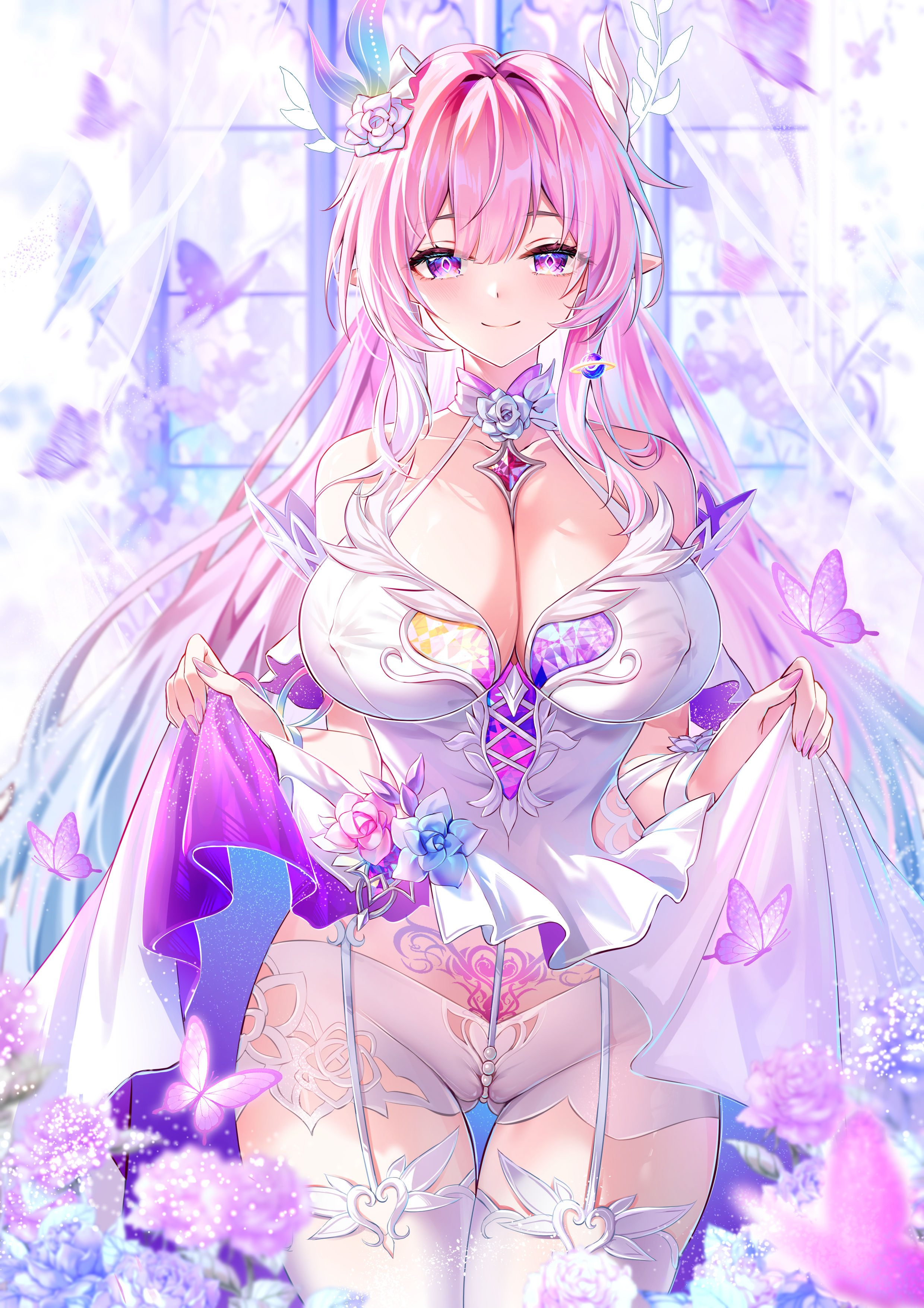 1girls, absurdres, akusamu, ass visible through thighs, bare arms, bare shoulders, blue hair, blush, breasts, bug, butterfly, cameltoe, cleavage, closed mouth, clothes lift, clothing cutout, collarbone, covered nipples, cyrene (honkai: star rail), cyrene (ripples of past reverie) (honkai: star rail), diamond (shape), diamond-shaped pupils, dress, dress lift, female, female only, fingernails, flower, garter straps, gradient hair, hair flower, hair ornament, heart cutout, highres, honkai (series), honkai: star rail, huge breasts, lifted by self, lifting own clothes, long fingernails, long hair, looking at viewer, multicolored hair, nail polish, pearl thong, pink hair, pink nails, pointy ears, pubic tattoo, purple butterfly, purple eyes, purple flower, purple rose, rose, short shorts, shorts, shoulders, sidelocks, skirt lift, smile, solo, standing, stomach, symbol-shaped pupils, tattoo, thick thighs, thigh gap, thighhighs, thighs, upskirt, variant set, very long hair, white dress, white garter straps, white shorts, white thighhighs, wide hips