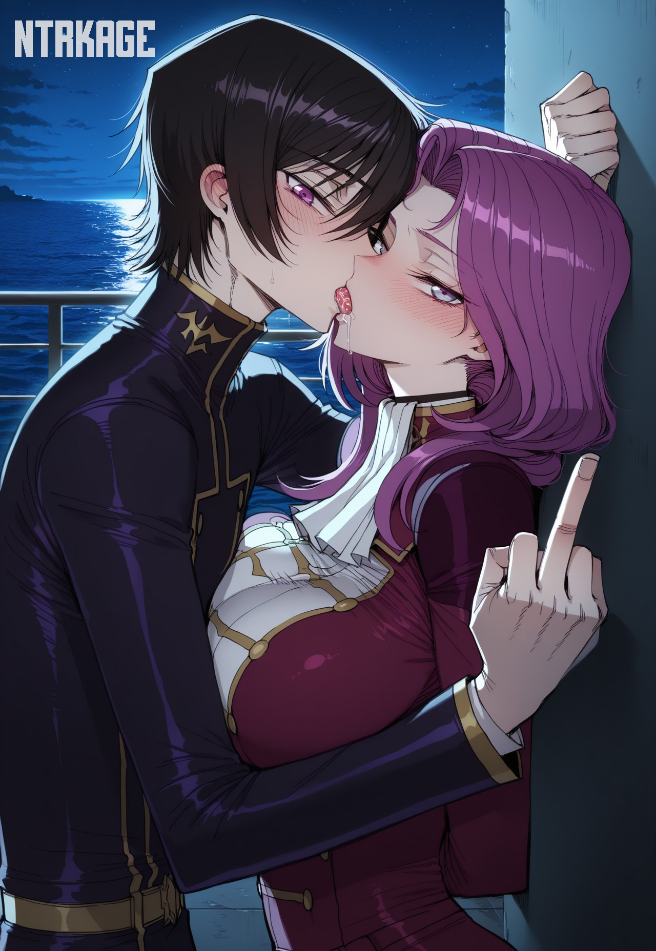 1boy, 1girl, ai generated, code geass, cornelia li britannia, cuckold, drooling, female, french kiss, french kissing, heart, hi res, highres, kissing, lelouch lamperouge, looking at viewer, middle finger, netorare, ntr, ntrkage
