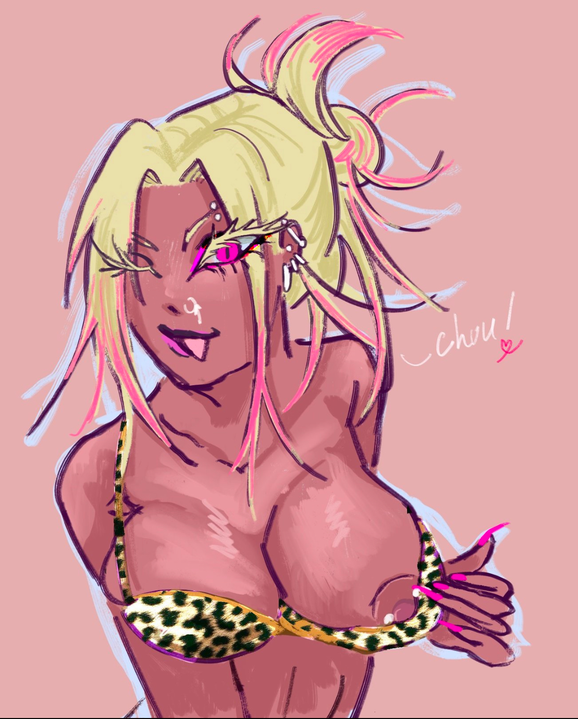 1girls, areola, big breasts, blonde female, blonde hair, blue lock, bra, bra only, bra pull, bra pulled by self, breasts, brown areola, brown nipples, brown skin, brown skinned female, cheetah print, dyed hair, female, female only, femlock, genderbend, leopard print, leopard print bra, nipple peek, nipples, nose piercing, pink eyes, pink hair, rule 63, seductive look, sexy, shidou ryuusei, solo female, staring at viewer, taking off bra, tan body, tan skin, tongue out, wink, winking at viewer