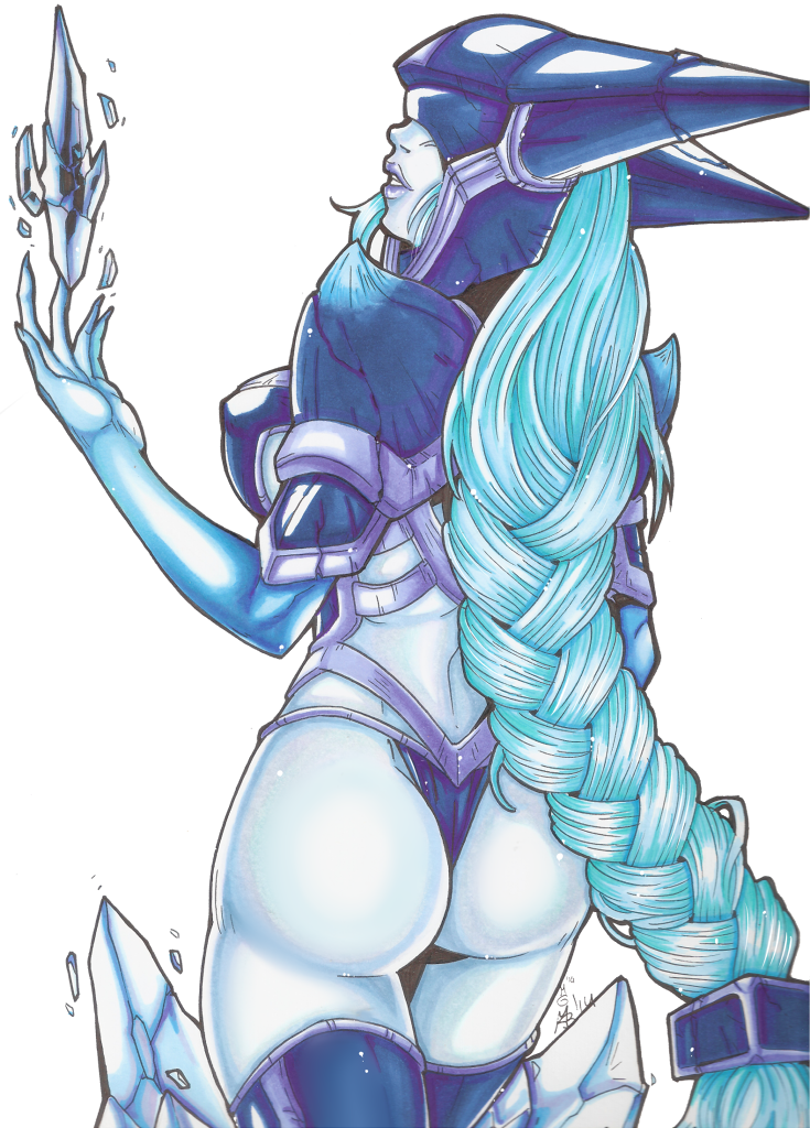 armor ass blue_hair blue_skin braid female female_only league_of_legends lingerie lissandra sideboob solo thong