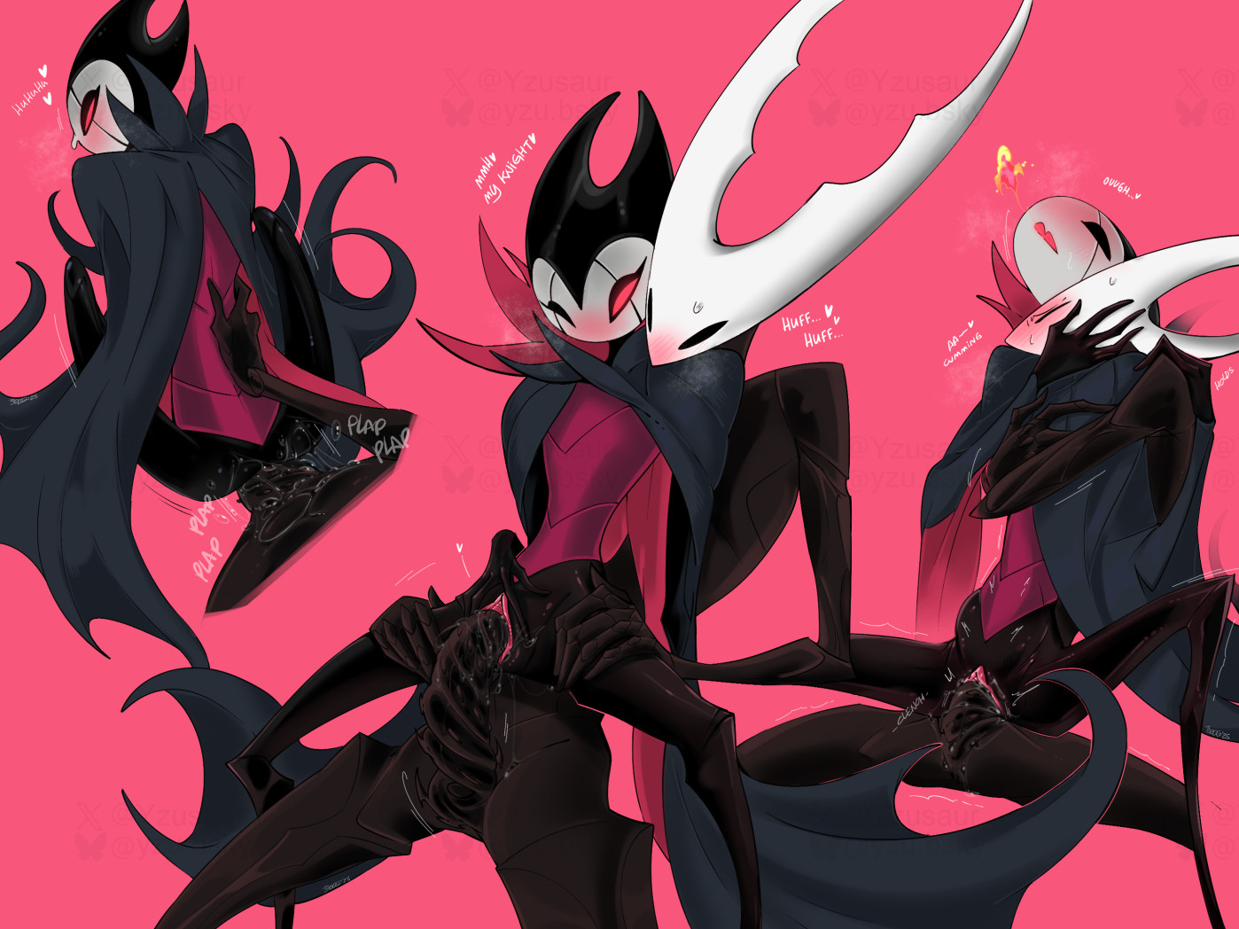 1boy, 1nonbinary, 2025, anal sex, big penis, black body, black skin, blush, cloak, cum, cum in ass, cum in pussy, cum inside, dialogue, doggy style, female, from behind, from behind position, front view, gay, gay sex, grey clothing, grimm (hollow knight), heart, hi res, holding, hollow knight, hollow knight (character), horns, hugging, one eye closed, overwhelmed, penis, red eyes, reverse cowgirl position, sex, sweat, tentacle penis, yzusaur