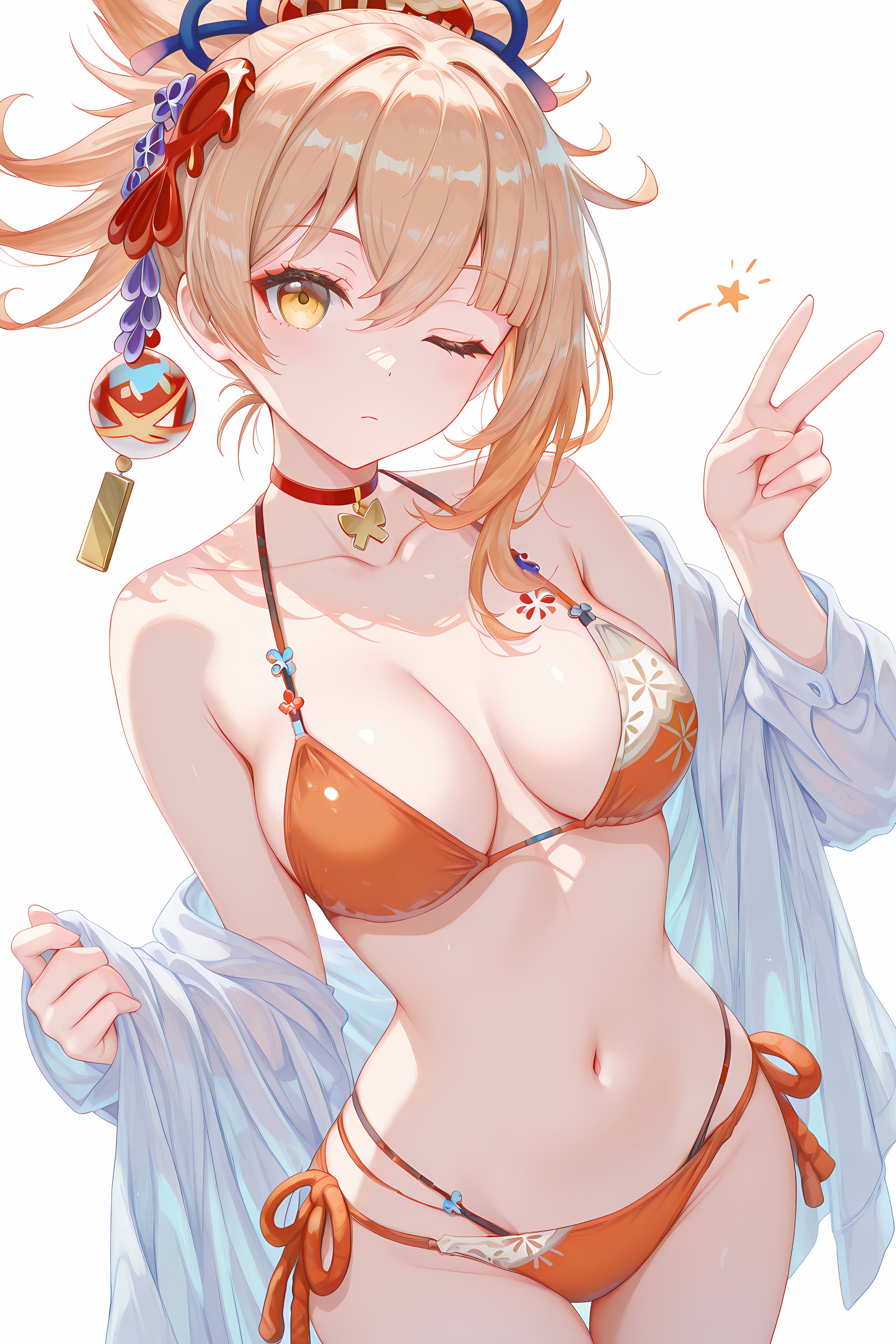 1girls, 2d, 2d (artwork), ai generated, alternate costume, big breasts, bikini, bikini bottom, bikini top, blonde hair, bra, breasts, female, female focus, female only, front view, genshin impact, high resolution, highres, large breasts, light skin, light-skinned female, looking at viewer, neko ai, one eye closed, orange bikini, orange bikini bottom, orange bikini top, orange eyes, ponytail, simple background, slim girl, solo, solo female, solo focus, standing, summer, swimsuit, thong, thong bikini, two piece swimsuit, white background, yoimiya (genshin impact), young, younger female