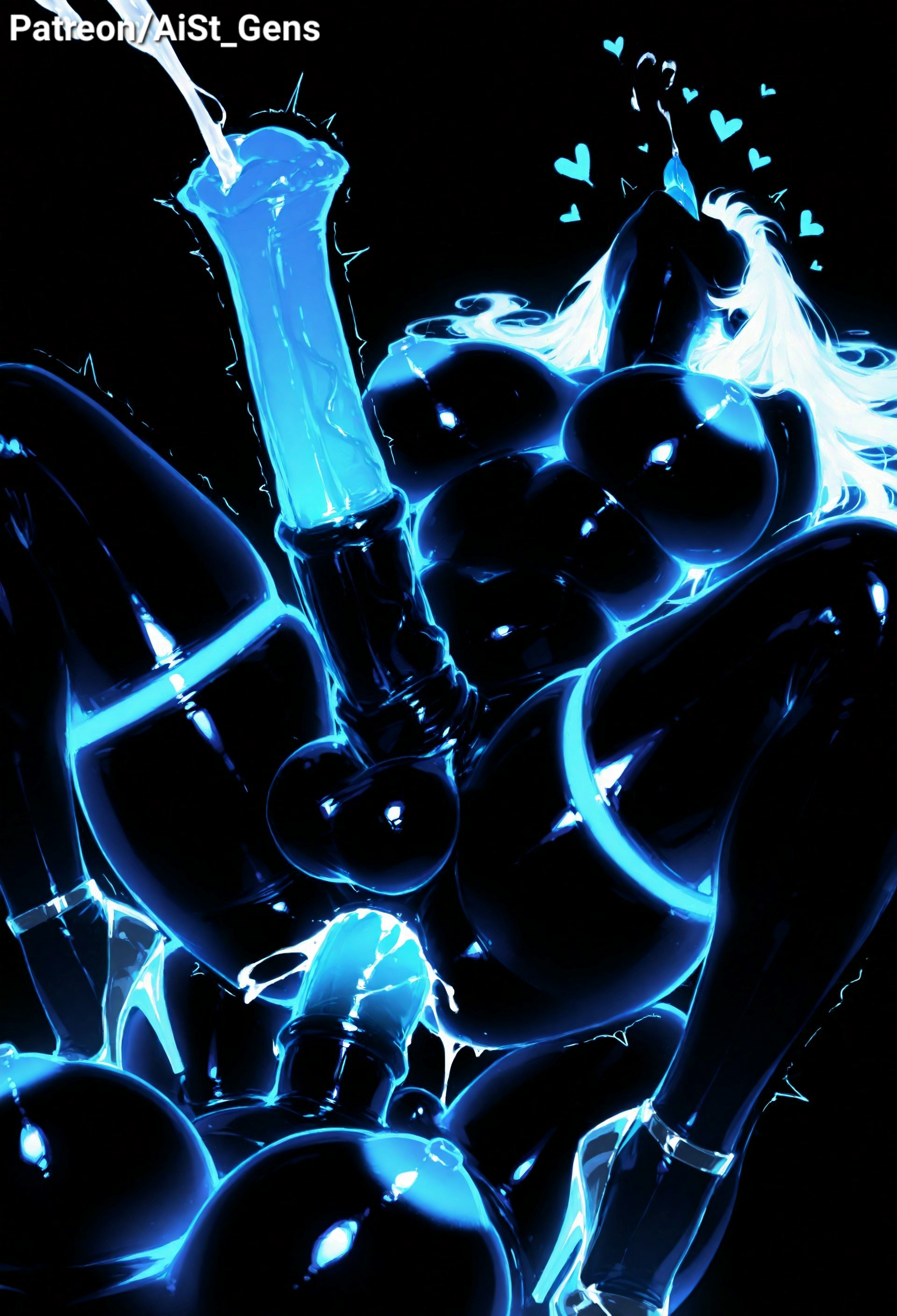 ai generated, aist , anal sex, balls, black body, blue penis, cum, cumming, dark background, faceless, futa on futa, futanari, gigantic penis, glowing, glowing genitalia, glowing penis, heart, high heels, horsecock, huge balls, huge cock, penis, precum, shiny skin, tongue out