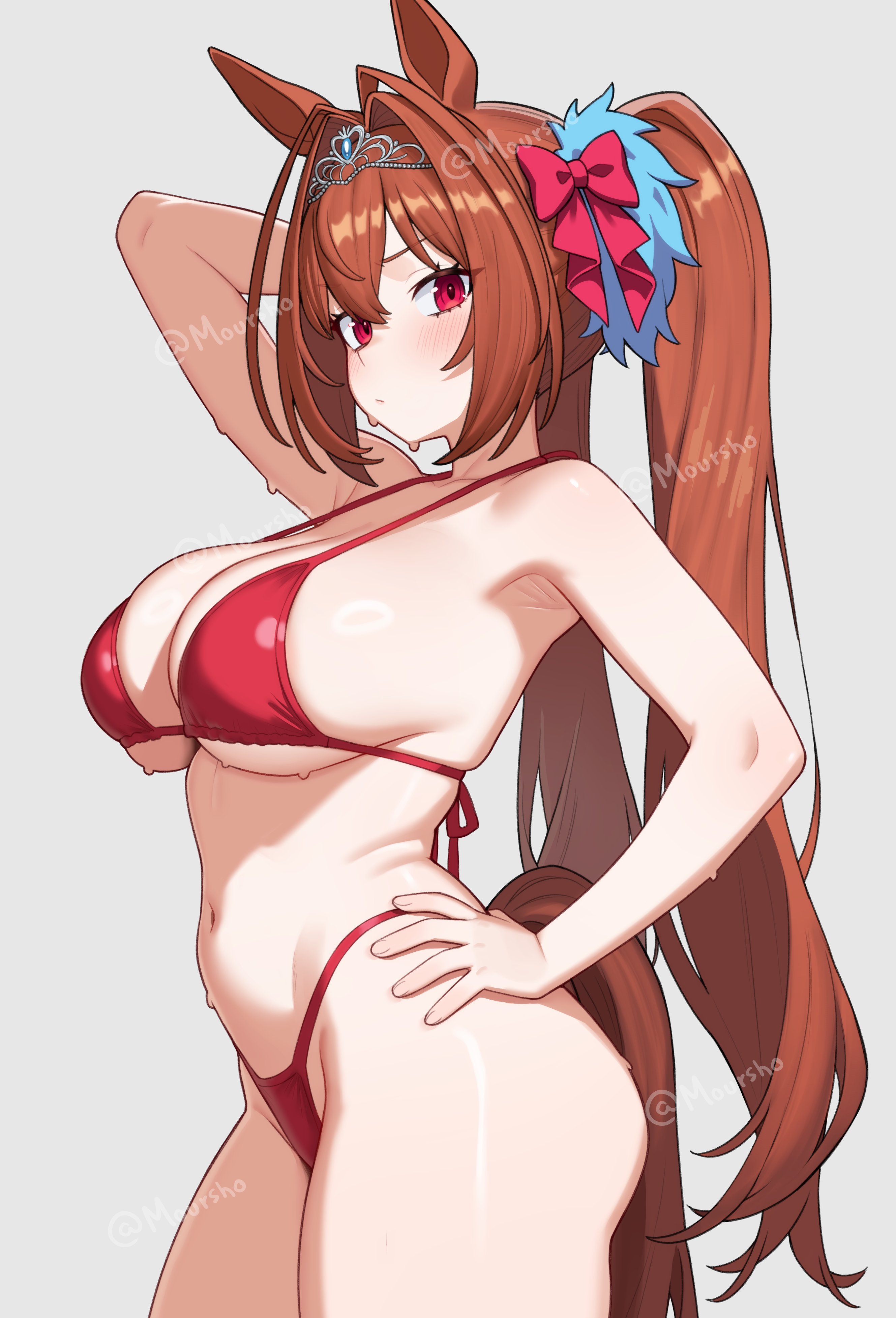absurdres, animal ears, arm behind head, arm up, armpits, artist name, bikini, breasts, brown hair, cleavage, closed mouth, commentary, commission, crossed bangs, daiwa scarlet (umamusume), double-parted bangs, english commentary, female, grey background, hair between eyes, hair intakes, hand on own hip, highleg, highleg bikini, highres, horse ears, horse girl, horse tail, large breasts, long hair, looking at viewer, moursho, red bikini, red eyes, simple background, solo, string bikini, swimsuit, tail, tiara, twintails, twitter username, umamusume, very long hair, watermark
