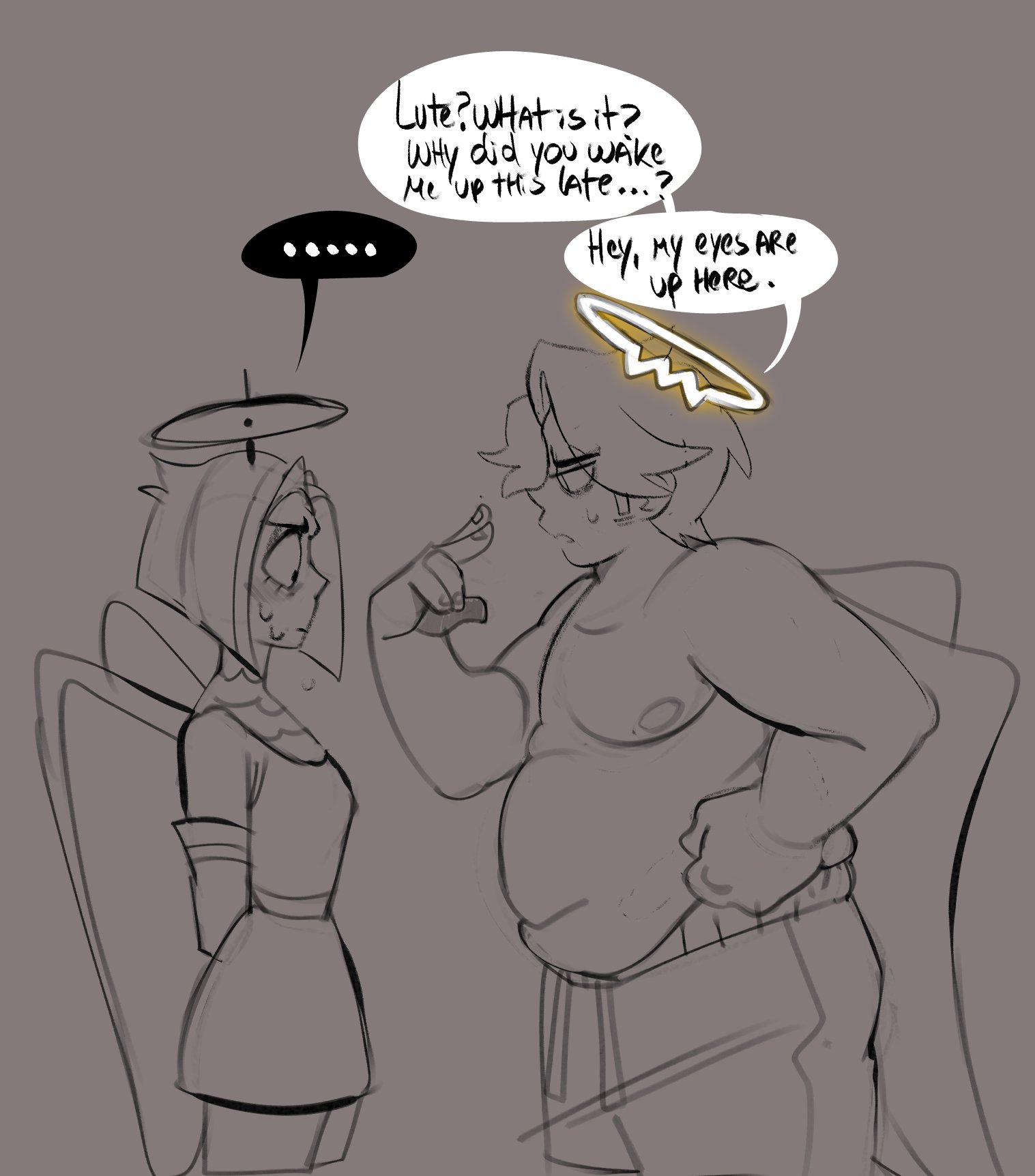 1boy, 1girls, 2d, abel (hazbin hotel), annoyed, calaziike, caught staring, chubby male, cowboy shot, digital media, fat, fat male, female, flustered, flustered female, hazbin hotel, hellaverse, looking at breasts, looking down, lute (hazbin hotel), male, male and female focus, male boobs, man boobs, moobs, my eyes are up here, nipples, overweight, overweight male, shorts only, skinny female, straight