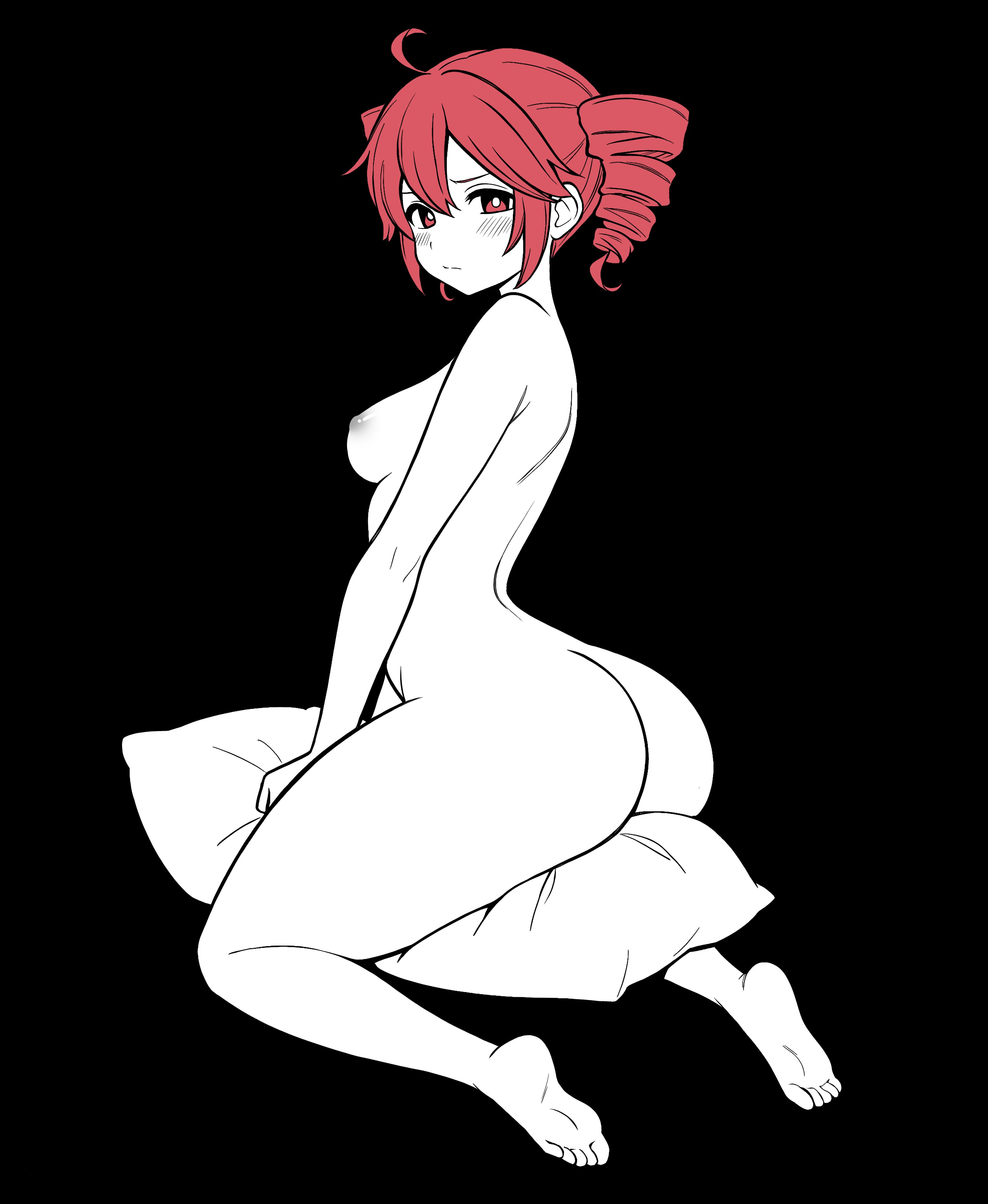 2d, 2d (artwork), ahoge, arched back, areolae, ass, back, back view, big ass, big thighs, black background, blush, blush lines, breasts, completely nude, embarrassed, embarrassed female, feet, kasane teto, large ass, large thighs, looking at viewer, looking back, medium breasts, nekorrupt, nipples, nude, nude female, petite, petite body, petite female, pillow, red eyes, red hair, side view, sideboob, simple background, sitting, sitting on pillow, skinny, skinny female, slim girl, slim waist, soles, sticking ass out, thick thighs, thighs, toes, twin drills, utau, white skin