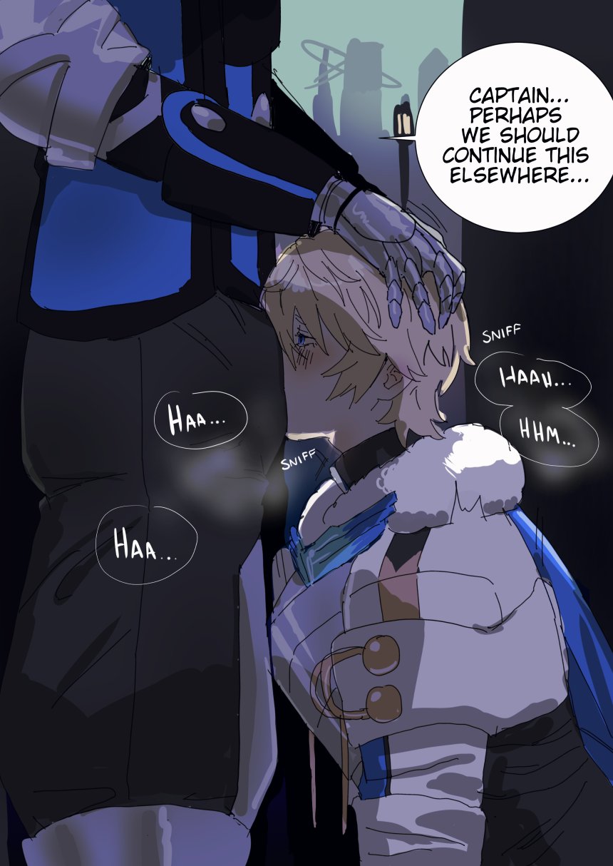 2boys, blush, bulge, bulge sniffing, bulge worship, dialogue, gepard (honkai: star rail), honkai: star rail, kneeling, musk, on knees, sniffing bulge, submissive male, yaoi