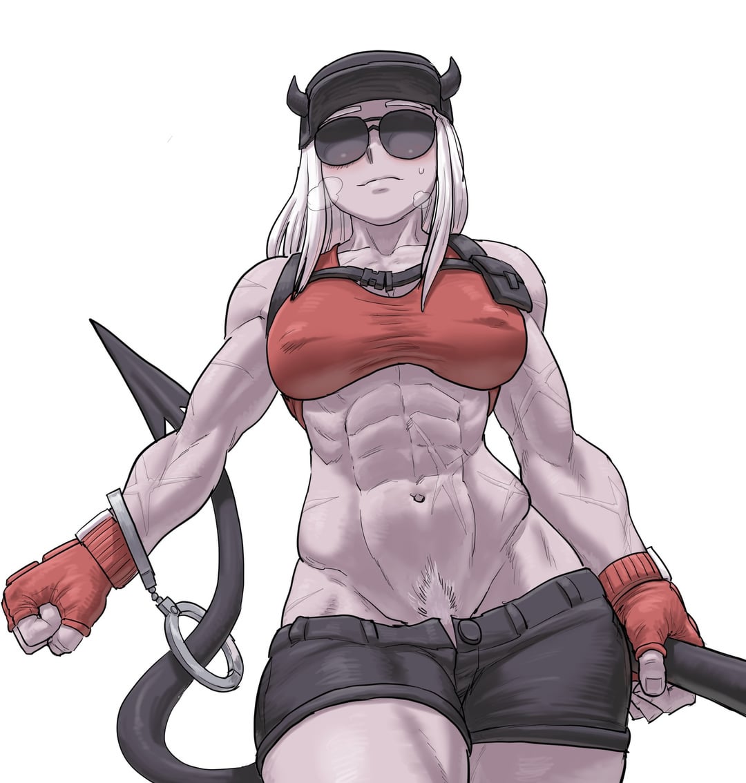 1girls, abs, airing out, big breasts, breasts, breath, colored, elbow pads, female, fingerless gloves, flustered, gloves, handcuffs, hat, helltaker, heppari, justice (helltaker), large breasts, muscular, muscular female, police, police hat, police uniform, policewoman, solo focus, steam, straight hair, sunglasses, sweat, sweat stain, sweaty, tinted eyewear, tomboy, white hair