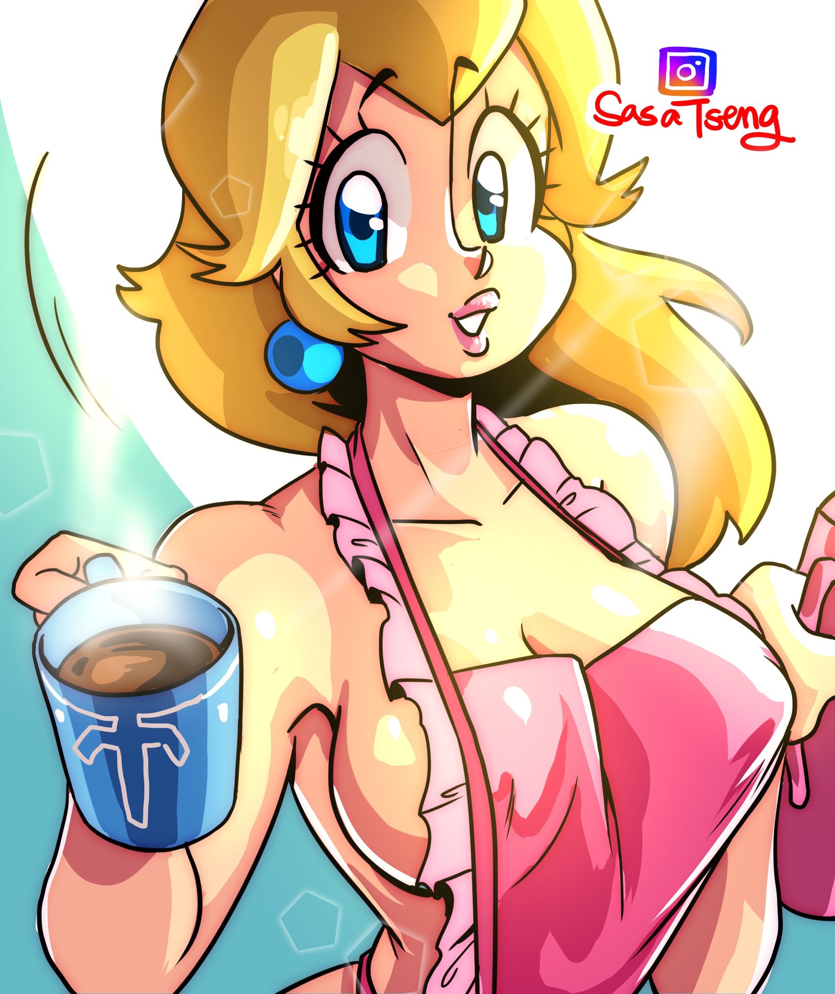 1girls, apron, big breasts, blonde hair, blue eyes, breasts, cleavage, coffee, coffee mug, female, female only, holding mug, long hair, looking at viewer, mario (series), mug, naked apron, nintendo, princess peach, sasatseng, sideboob, smile, solo