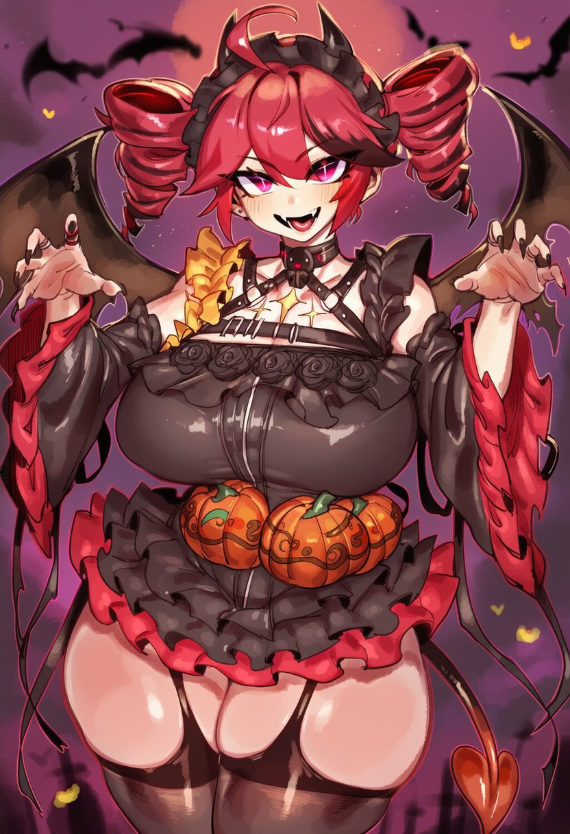 1girls, ahoge, ai generated, ai virelune (yi), big breasts, big thighs, black nails, blush, blush lines, bottom heavy, breasts, breasts bigger than head, clothed, clothed female, clothing, costume, curvaceous, curvy, curvy female, curvy figure, demon, demon girl, demon horns, demon tail, demon wings, detached sleeves, eyelashes, fangs, fat breasts, fat thighs, female, female only, fully clothed, garter belt, garter straps, gigantic breasts, gigantic thighs, hairband, halloween, hips wider than shoulders, horns, horns hairband, hourglass figure, huge breasts, huge thighs, ineffective skirt, kasane teto, kasane teto (halloween costume), kasane teto (sv), large breasts, large thighs, massive breasts, massive thighs, microskirt, miniskirt, nail polish, oerba yun fang, open mouth, painted nails, red eyes, red hair, ruffled skirt, sharp nails, sharp teeth, shiny skin, skindentation, skirt, slim waist, solo, solo female, synthesizer v, tail, thick thighs, thighhighs, thighs, thighs bigger than head, thighs bigger than torso, top heavy, twin drills, utau, voluptuous, voluptuous female, wide hips, wings