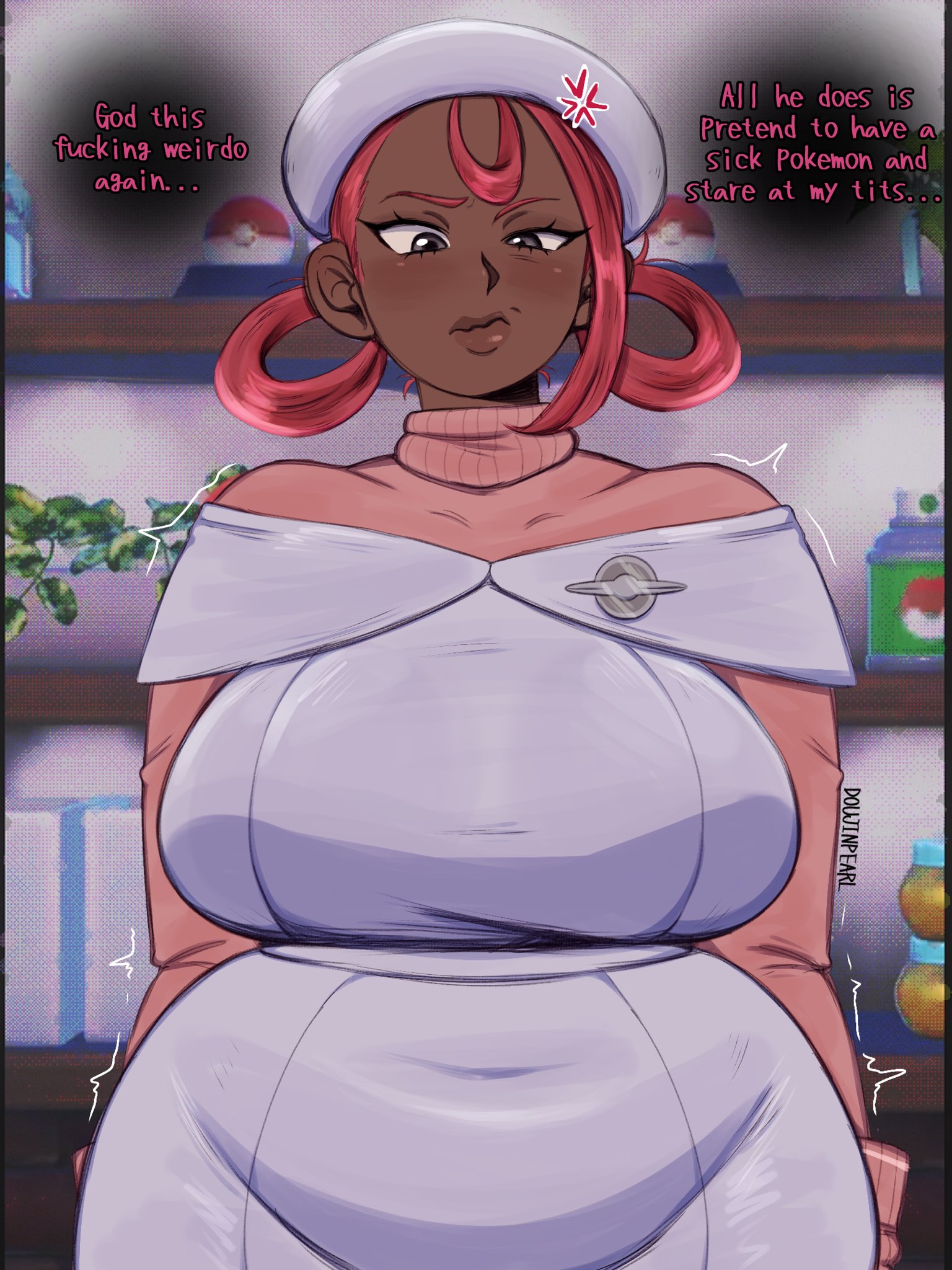 1female, 1girls, big breasts, chubby, clothed, dark skin, doujinpearl, female, joi (pokemon legends: z-a), joi (pokemon), nurse joy, pokemon, pokemon legends: z-a, solo female, tagme