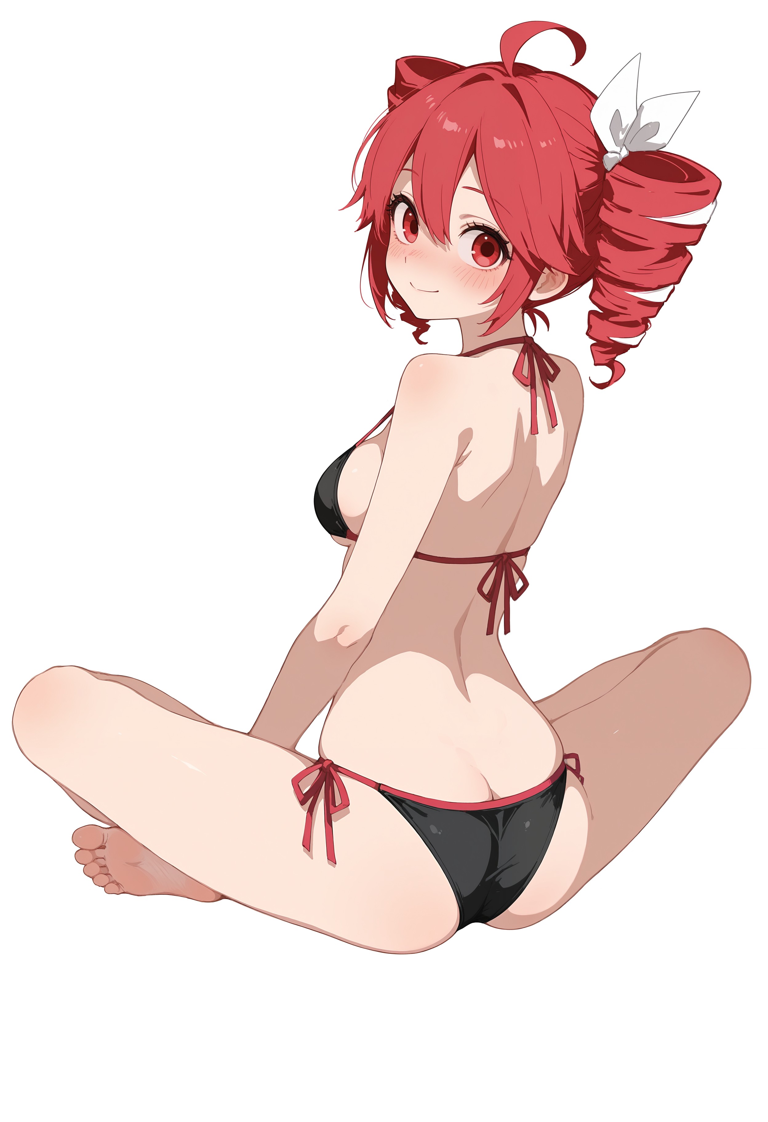 1girls, ahoge, ai generated, ass, ass cleavage, ass crack, back, back view, barefoot, bikini, blush, breasts, feet, female, female only, hair ornament, hairbow, kasane teto, kasane teto (sv), looking at viewer, looking back, medium breasts, petite, petite body, petite female, red eyes, red hair, side-tie bikini, sideboob, simple background, sitting, skinny, skinny female, slim girl, slim waist, smile, soles, solo, solo female, synthesizer v, tetogallery, thighs, toes, twin drills, utau, white background