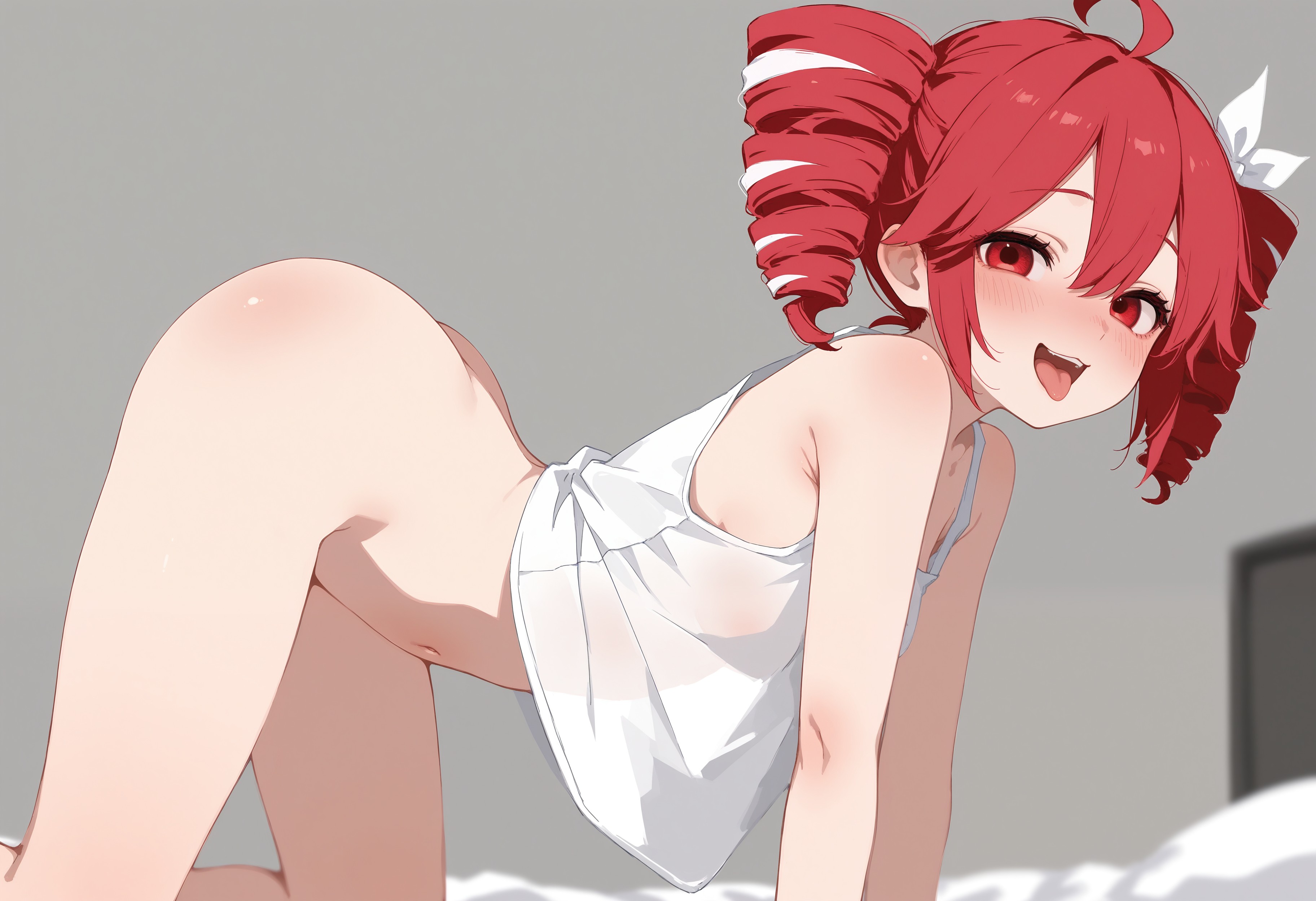 1girls, ahoge, ai generated, all fours, arched back, armpit crease, ass, belly, blouse, blush, bottomless, female, female only, hair ornament, hairbow, half naked, horny, horny female, inviting, inviting to sex, kasane teto, kasane teto (sv), looking at viewer, navel, on all fours, on bed, open mouth, petite, petite body, petite female, plump, plump ass, plump thighs, red eyes, red hair, see-through, see-through clothing, semi nude, shiny skin, shirt, shirt only, side view, skinny, skinny female, slim girl, slim waist, solo, solo female, synthesizer v, tetogallery, thick thighs, thighs, tongue, tongue out, topwear, topwear only, twin drills, utau