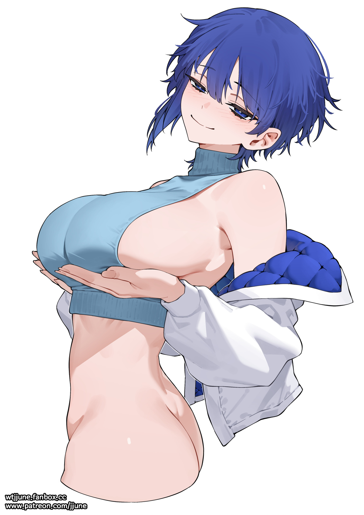bangs, big breasts, blue eyes, blue hair, breasts, half-dressed, jjune, large breasts, no panties, sideboob, smile, tagme