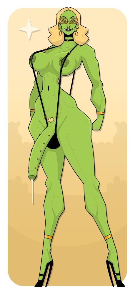 2d, 2d (artwork), anklet, balls in bikini, balls in panties, big breasts, big cock, big penis, bikini, black bikini, black makeup, black sling bikini, blonde hair, blonde pubic hair, bracelet, breasts, cock, collar, cum, debella, earrings, fists clenched, foreskin, futa only, futanari, glasses, gold jewelry, green skin, green-skinned futa, heart shaped pubes, high heels, hips, intersex, jewelry, leaking cum, leaking penis, leaking precum, long hair, long penis, looking at viewer, makeup, mature futa, milf, milf futa, monokini, nipples covered, orc, orc futa, penis, pierced genitals, pierced nipples, pierced penis, piercing, pointy ears, pubic hair, septum piercing, sling bikini, solo, solo futa, thick thighs, thighs, thin waist, wide hips, yellow eyes