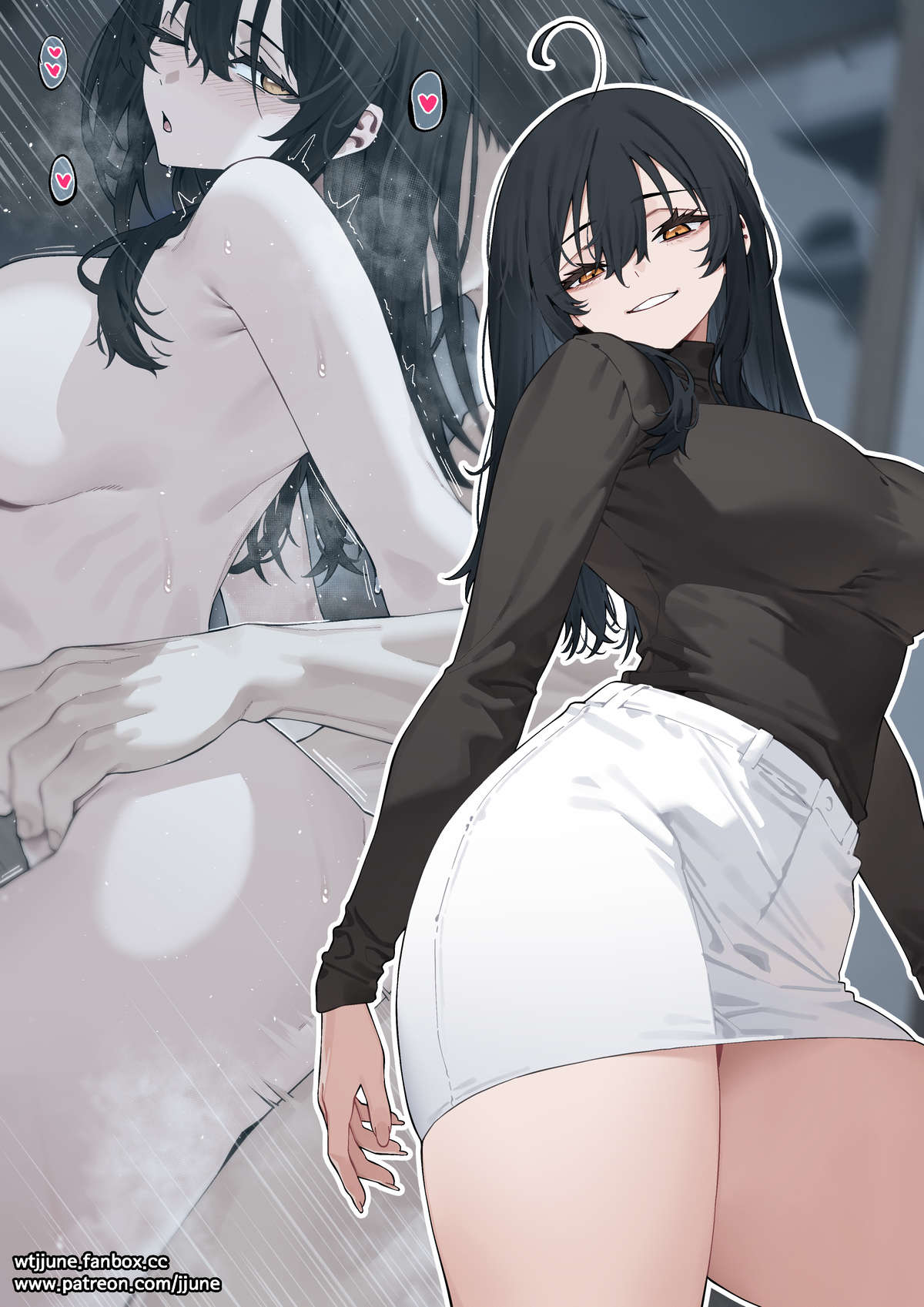 bangs, big breasts, black hair, breasts, brown eyes, heart, jjune, large breasts, light-skinned female, light-skinned male, naked, naked female, nude, nude female, sex, skirt, tagme, turtleneck