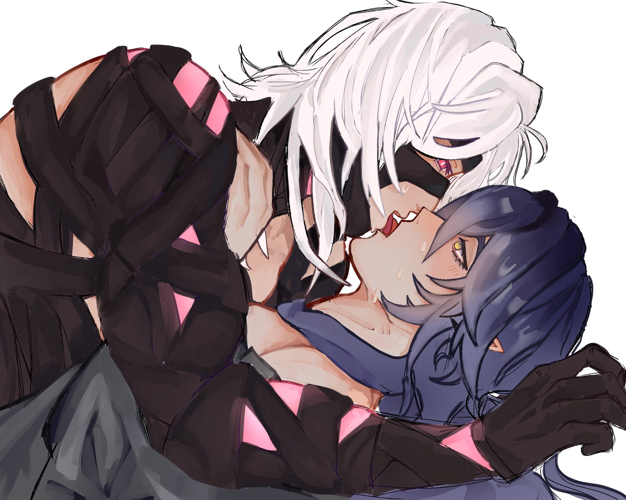 2boys, bandage, bandages, blue hair, elf ears, flins (genshin impact), french kiss, french kissing, gay, genshin impact, implied sex, kissing, male, male only, male/male, pink eyes, rerir (genshin impact), tongue, white hair, yaoi, yellow eyes