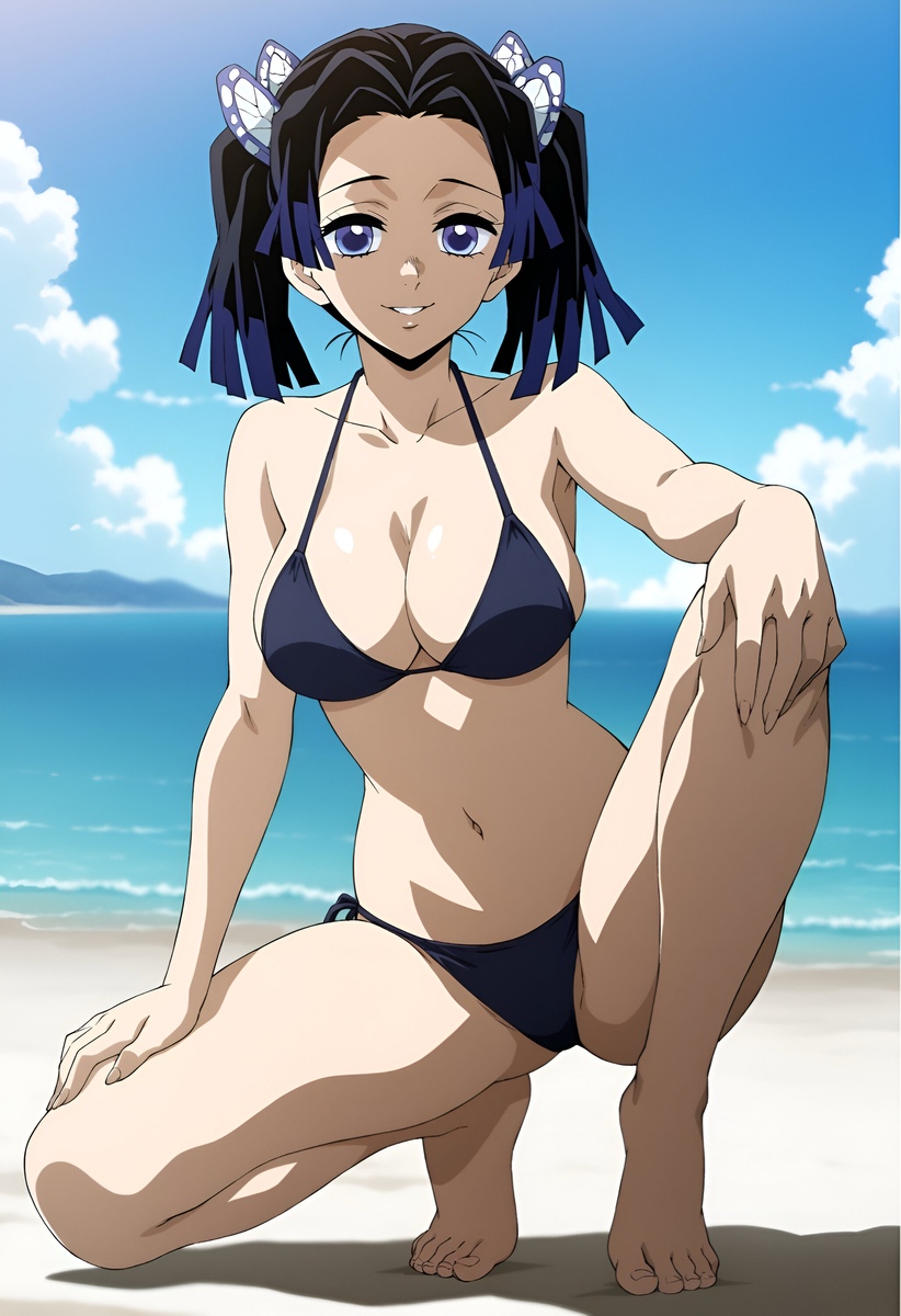 1girls, ai generated, bikini, black bikini, black hair, clothed, clothed female, demon slayer, duderu vanilla, female, female only, kanzaki aoi (kimetsu no yaiba), solo, swimsuit