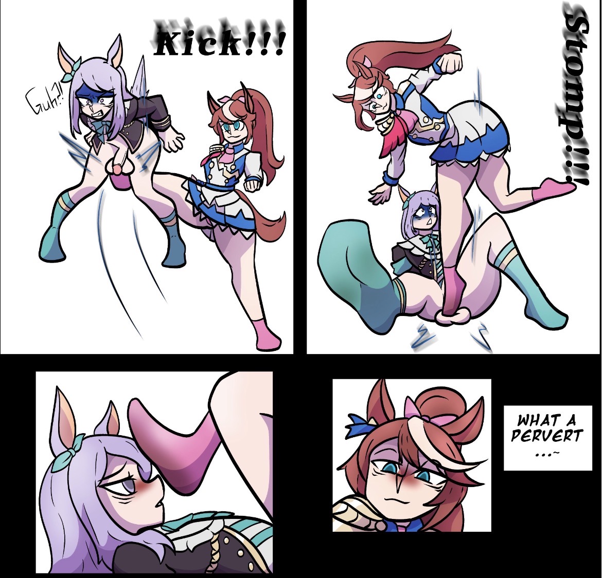 ballbusting, brown hair, bullying, degradation, female on futa, futa/female, futanari, guys, horse ears, horse tail, horsecock futa, kicking balls, lesbian, lesbian sex, mejiro mcqueen (umamusume), purple hair, stepping, stepping on balls, stepping on penis, tokai teio (umamusume), umamusume, umamusume pretty derby, yuri