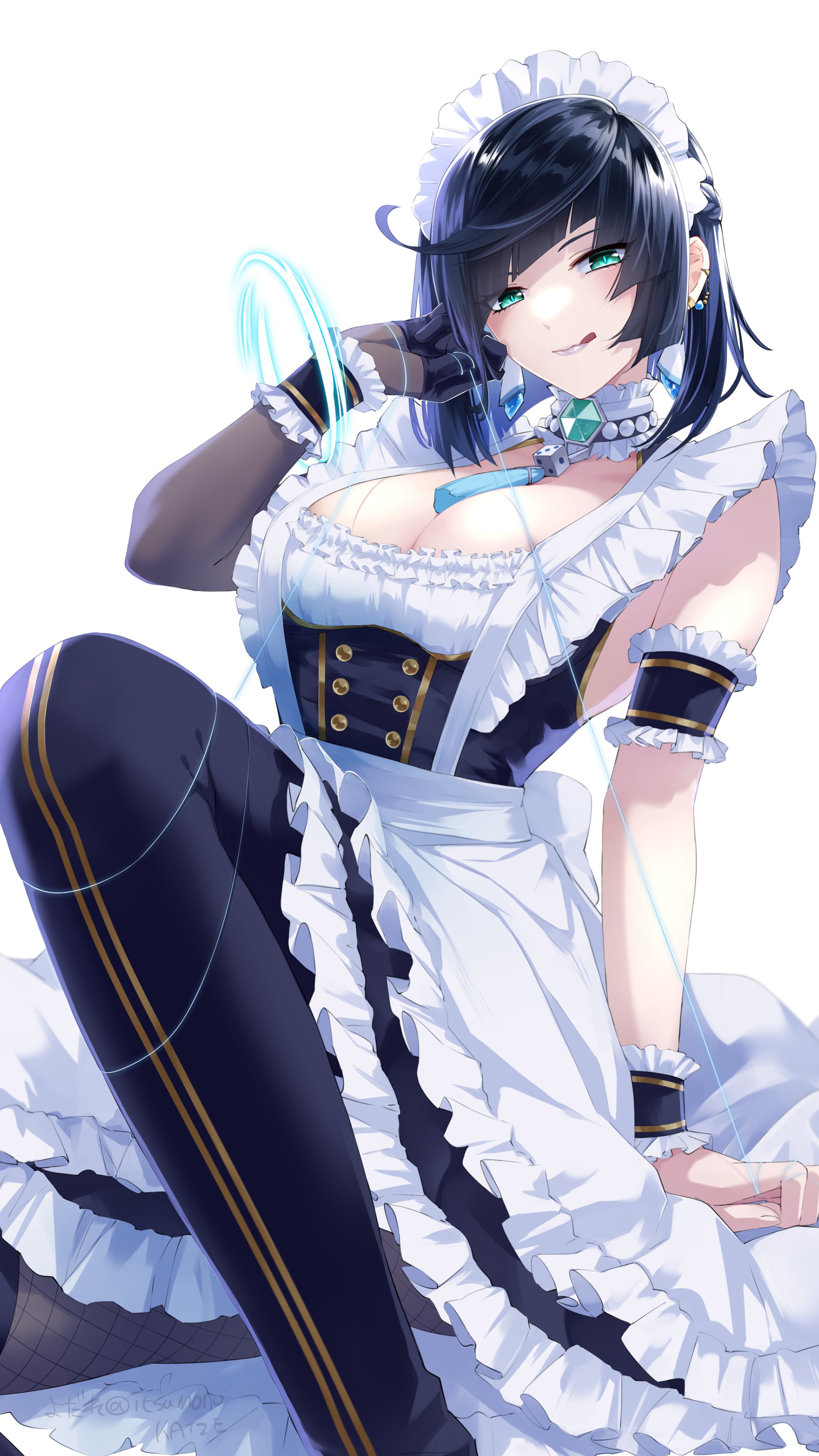 :q, 1girls, absurd res, alternate costume, apron, artist name, bangs, bead necklace, beads, black hair, black thighhighs, blue hair, bob cut, breasts, diagonal bangs, dress, female, female focus, female only, fishnets, frilled apron, frilled dress, genshin impact, gradient hair, green eyes, highres, hoyoverse, itsumono katze, large breasts, licking lips, looking at viewer, maid, maid apron, maid headdress, maid outfit, pink lipstick, short hair, single elbow glove, sitting, smile, smiling, smiling at viewer, solid color background, solo, solo female, solo focus, thighhighs, tongue, tongue out, twitter username, white apron, white background, wrist cuffs, yelan (genshin impact)