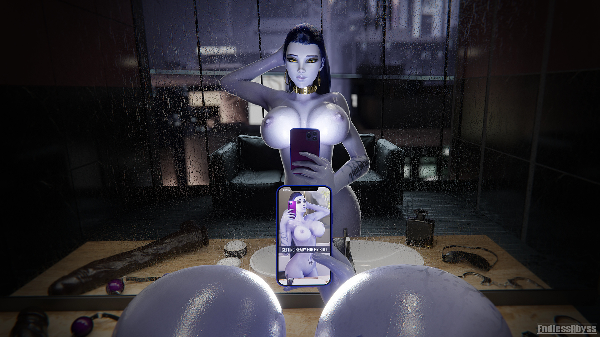 ball gag, bathroom, breasts, collar, dildo, endlessabyss, female focus, female only, female pov, handcuffs, huge breasts, looking at viewer, mirror, night, overwatch, self upload, selfie, smartphone, wet, wet skin, widowmaker