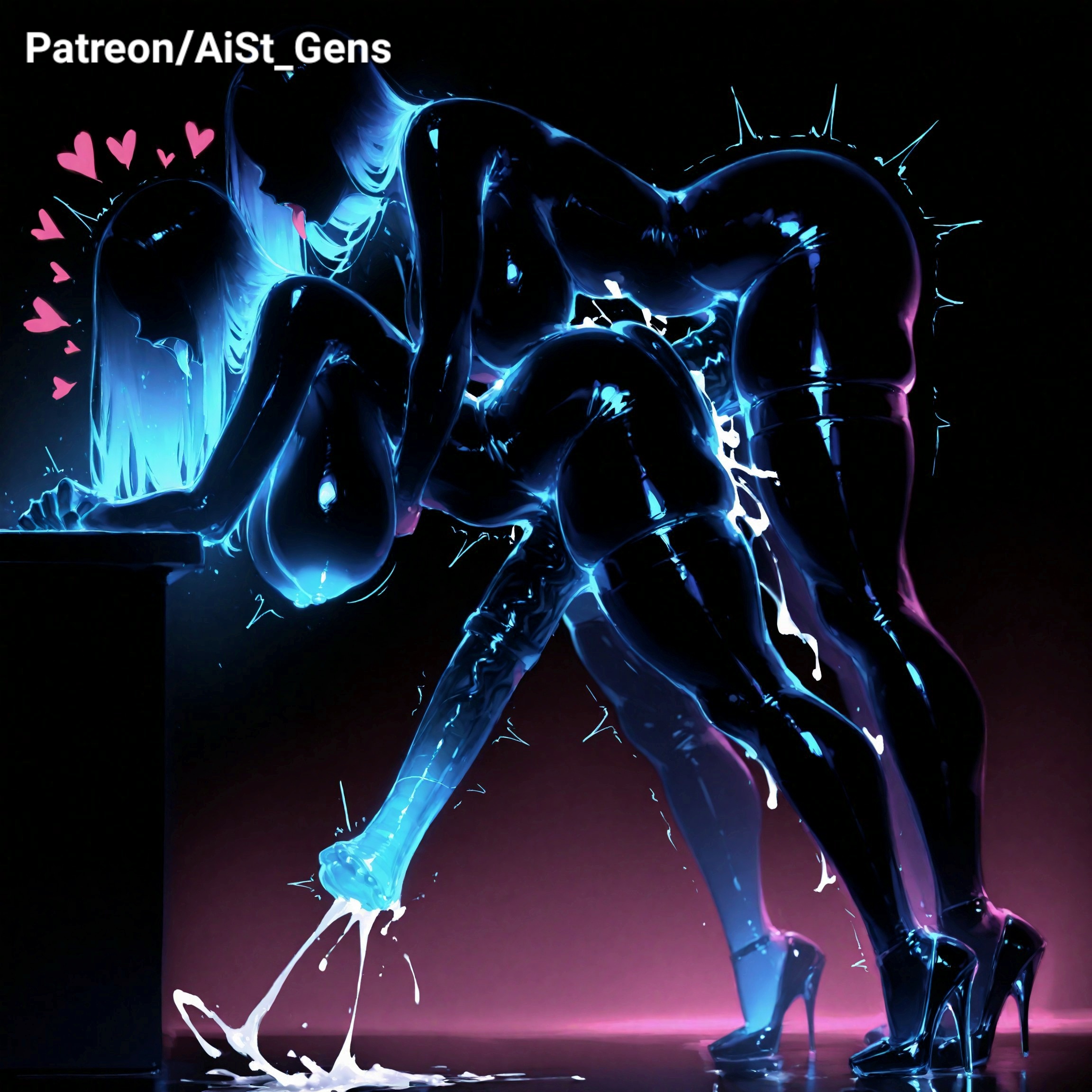 ai generated, aist , anal sex, balls, black body, blue penis, cum, cumming, dark background, faceless, futa on futa, futanari, gigantic penis, glowing, glowing genitalia, glowing penis, heart, high heels, horsecock, huge balls, huge breasts, huge cock, large breasts, penis, precum, shiny skin, tongue out