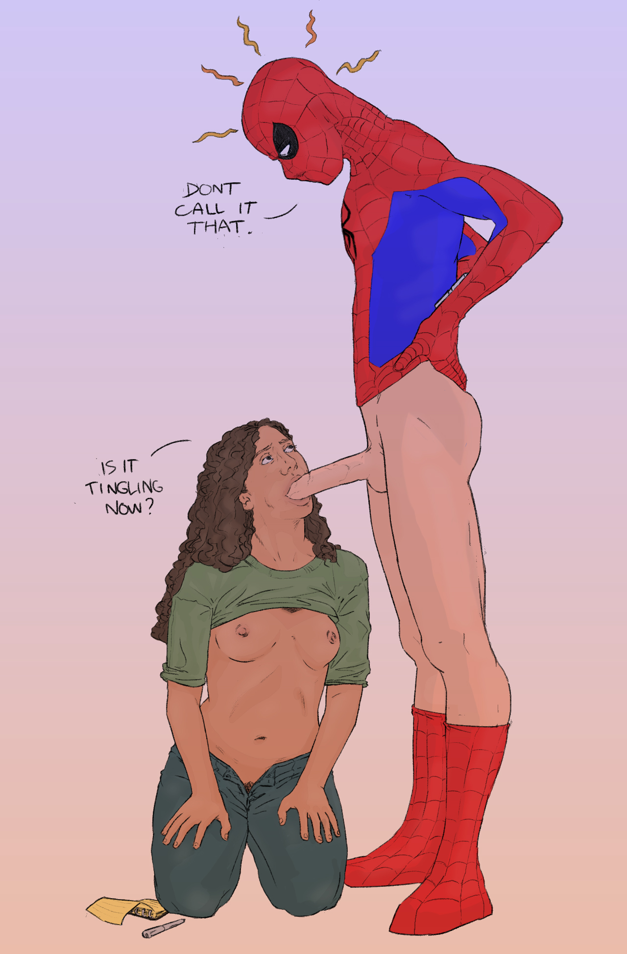 1boy, 1girls, balls, ballsack, big ass, big butt, big penis, big thighs, blowjob, breasts, brown hair, cheek bulge, color, dialogue, drawing, english text, fellatio, line art, long penis, marvel, marvel cinematic universe, marvel comics, michelle jones, oral, oral sex, partially clothed, penis, penis out, sketch, spider sense, spider-man, spider-man (series), spider-man (tom holland), spider-man: no way home, sucking penis, text, tits out, unbuttoned pants, unseen male face, zendaya