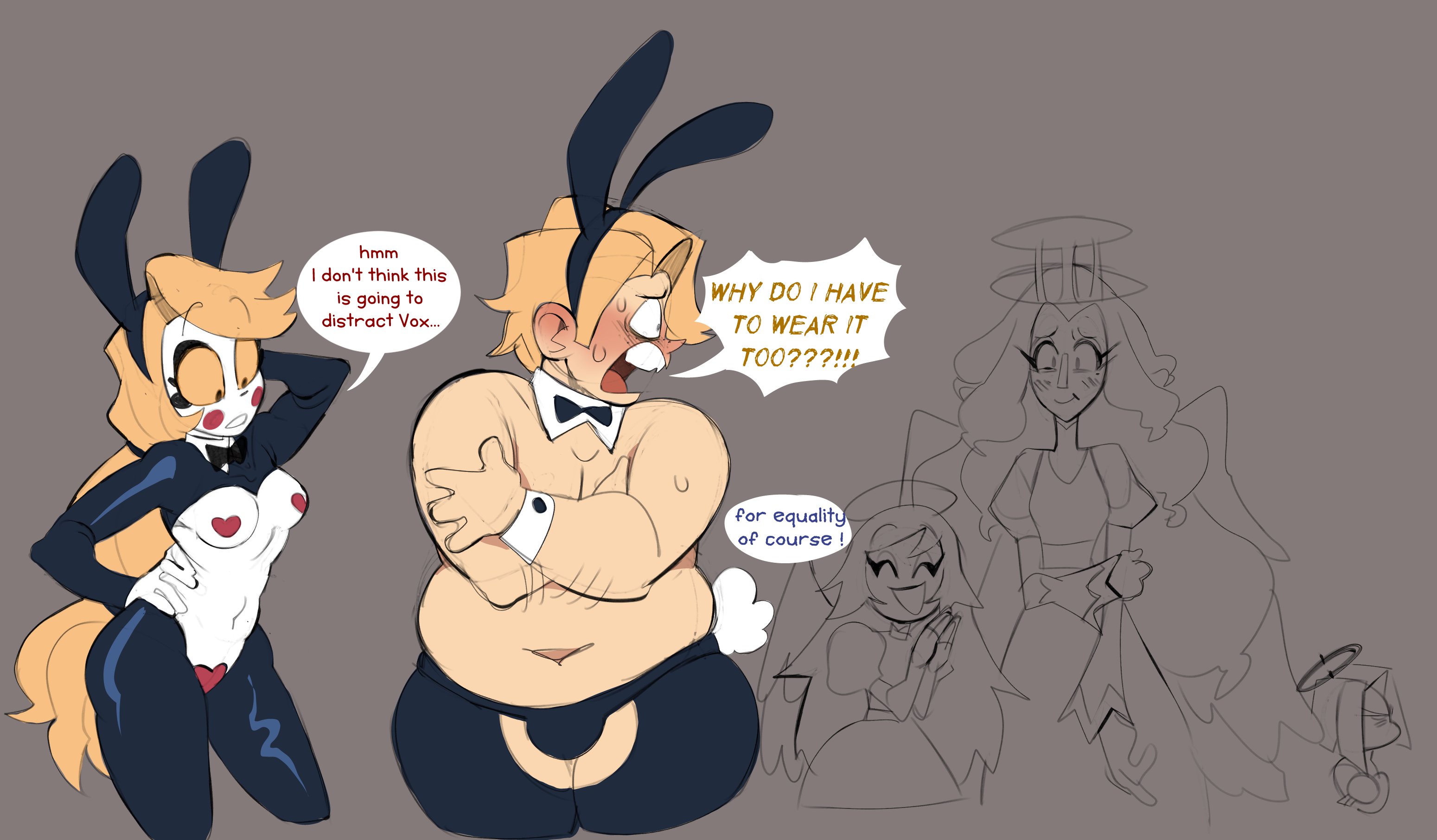 abel (hazbin hotel), big belly, blush, bulge, bulge in panties, bunny ears, bunny tail, calaziike, charlie morningstar (hazbin hotel), confused, covering breasts, emily (hazbin hotel), fat belly, fat male, hazbin hotel, heart pasties, looking at another, lute (hazbin hotel), pasties, sera (hazbin hotel), skinny female, thick thighs