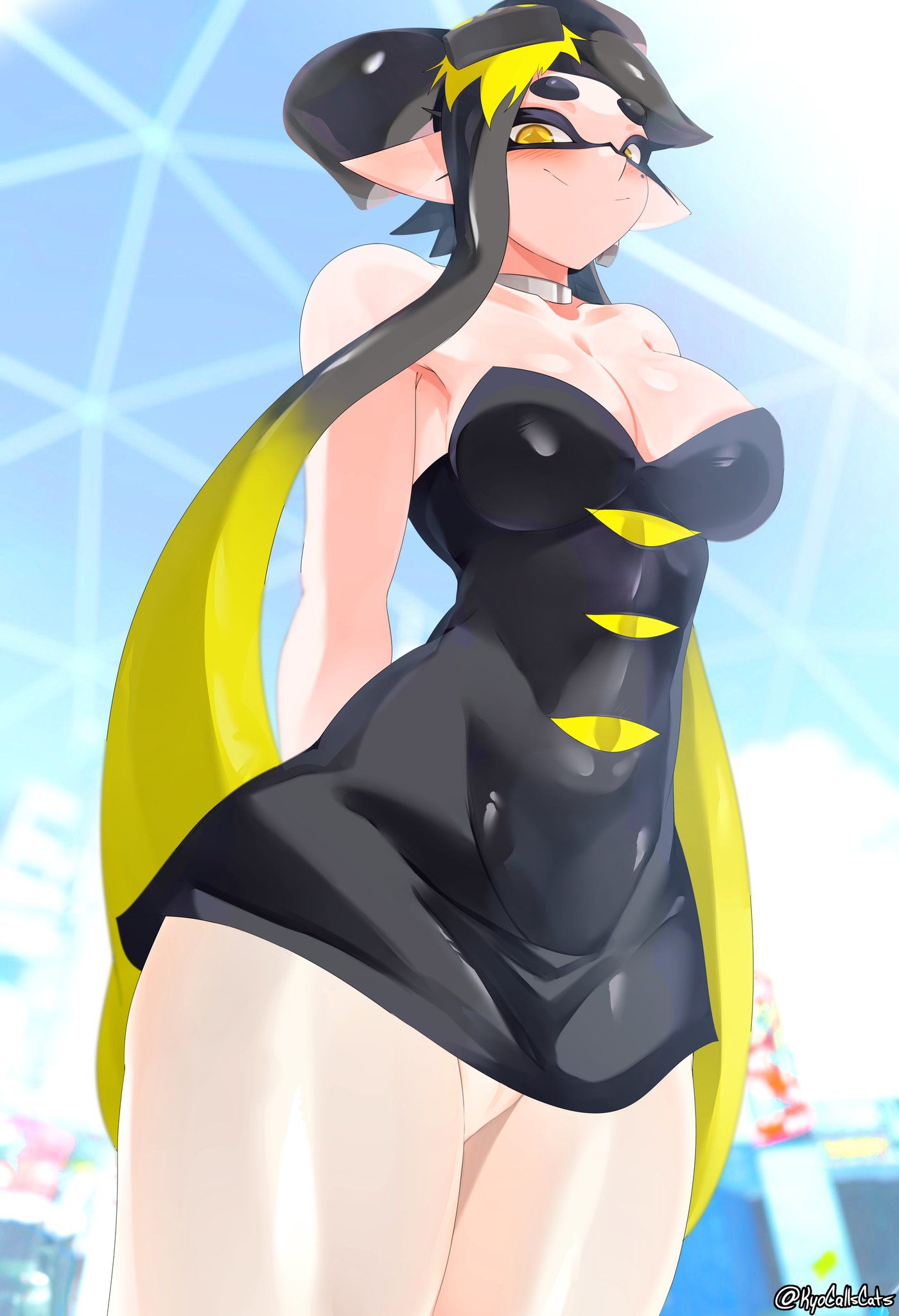 + +, 1girls, artist name, big breasts, black hair, blush, breasts, callie (alterna), callie (splatoon), cleavage, dress, earrings, female, female only, from below, inkling, jewelry, kyocallscats, large breasts, looking at viewer, milkytwinkers, mole, mole under eye, nintendo, pantyhose, pointy ears, short dress, splatoon, splatoon (series), splatoon 3, splatoon 3: return of the mammalians, squid sisters, sunlight, tentacle hair, twintails, two-tone hair, white hair, white pantyhose, wide hips, yellow eyes