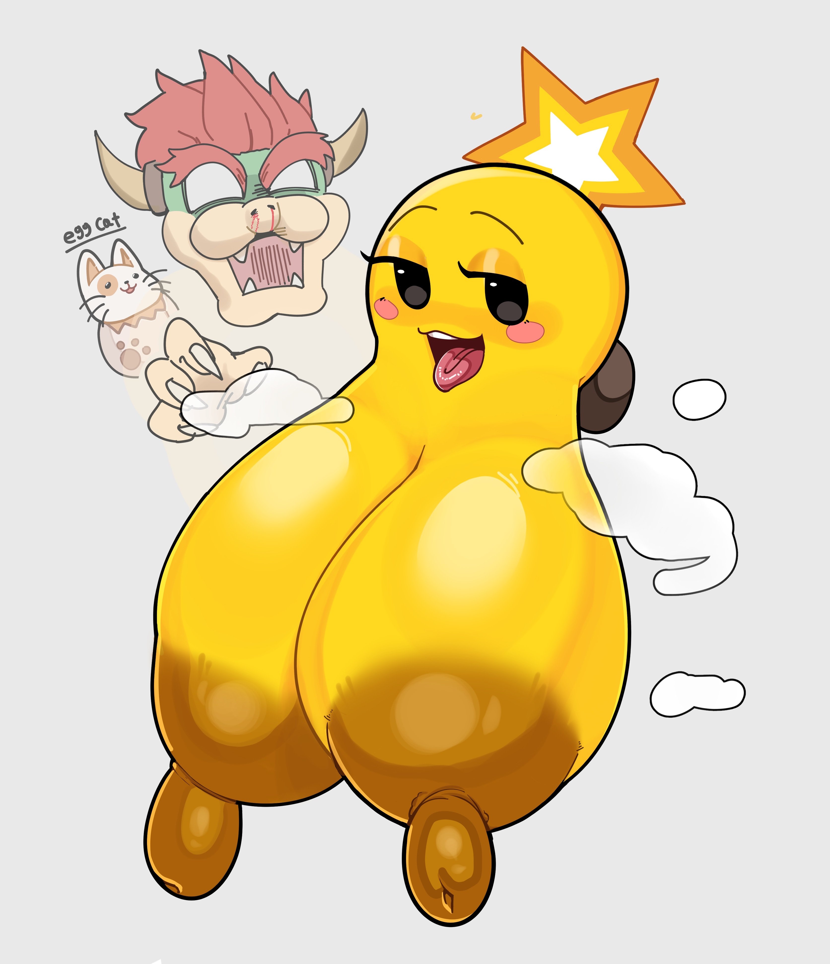 1boy, 1girl, ball with boobs, ball with hyper features, big breasts, big nipples, bloody nose, bowser, breasts, breasts bigger than head, eggcat69, huge breasts, hyper, large breasts, mario (series), mario and luigi (series), nintendo, nipples, nosebleed, seductive, seductive look, starlow, waddling head