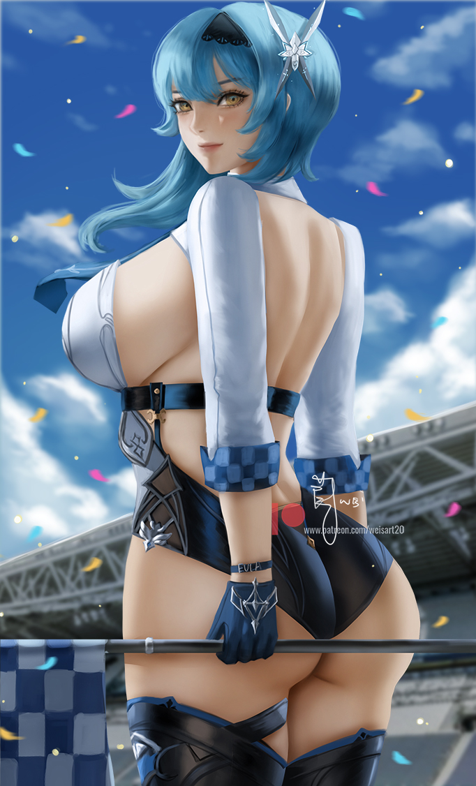 1girls 2021 artist_signature ass ass_focus ass_shot back_view backless_outfit blue_hair breasts bubble_butt eula_(genshin_impact) female female_only genshin_impact holding_object huge_ass huge_breasts long_hair looking_at_viewer outdoors race_queen sideboob thick_thighs thighs watermark weisart