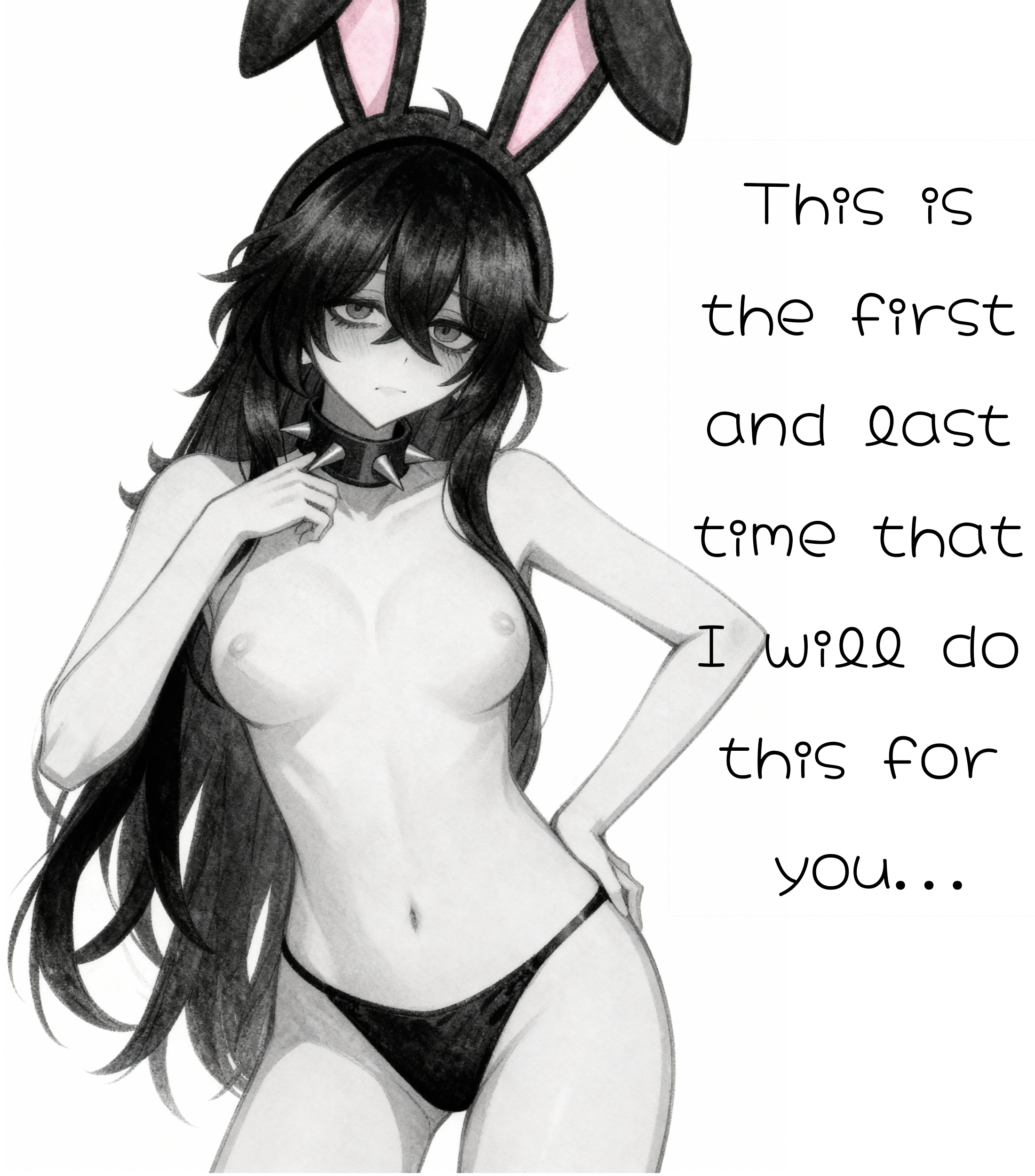 1girls, ai assisted, areolae, big thighs, black and white, black hair, breasts, bunny ears, choker, english text, erect nipples, female, female only, g string, green eyes, half-dressed, hand on hip, long hair, looking at viewer, medium breasts, narrow waist, nipples, oc, panties, panties only, roblox, robloxian, self upload, sexy pose, talking to viewer, text, thighs, thong, tired, topless female, undeadcrash, wavy hair