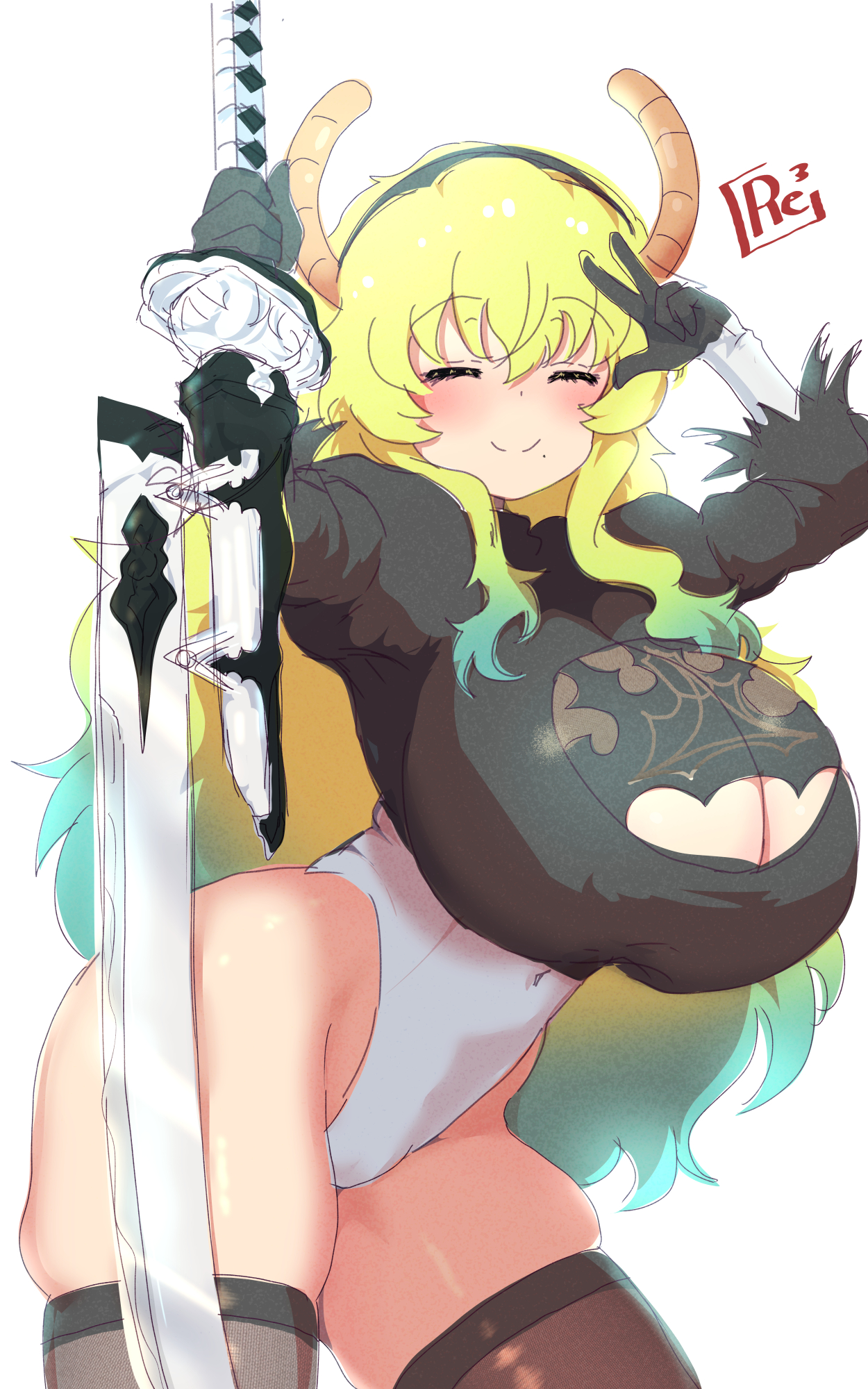 1girls, 2025, bare thighs, big breasts, blue hair, breasts, cleavage, closed eyes, clothed, clothing, color, colored, crossover cosplay, dragon girl, dragon horns, female, green hair, hi res, horns, huge breasts, kobayashi-san chi no maidragon, light skin, light-skinned female, lucoa, miss kobayashi's dragon maid, multicolored hair, naked apron, nier, ozrereresan, quetzalcoatl (dragon maid), sideboob, simple background, smile, solo, solo female, sword, thick thighs, thighs, v, v sign, white background, white skin, yellow hair, yorha 2b (cosplay)