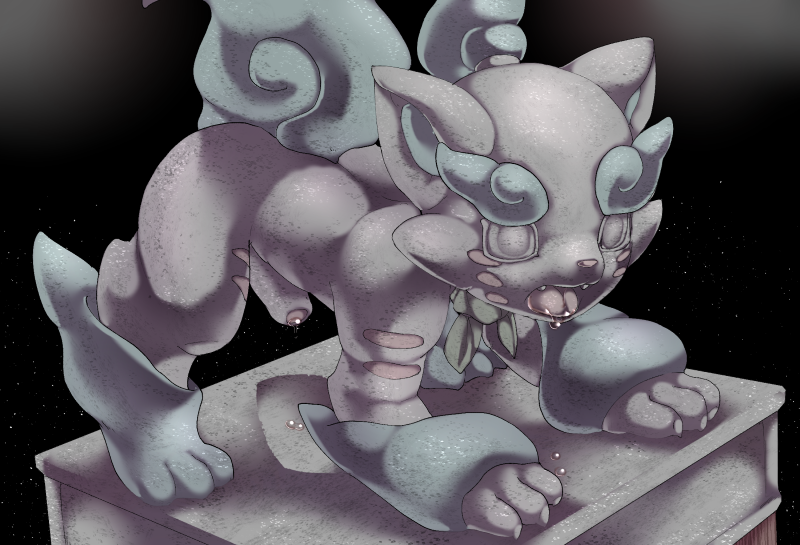 2018 anthro canine claws kinakomochi_199 komainu_(mythology) komiger male male_only mammal nude open_mouth penis precum sculpture shihikoma simple_background solo statue tongue video_games yo-kai_watch youkai youkai_watch yōkai