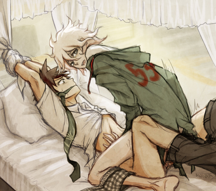 2boys, clothed sex, color, colored, cowgirl position, danganronpa, danganronpa 2: goodbye despair, female, gag, gagged, gay, hinata hajime, looking back, male, male only, male/male, nagito komaeda, on bed, pants down, partially clothed, power bottom, riding, straight hair, tied up, yaoi, yndr4hope