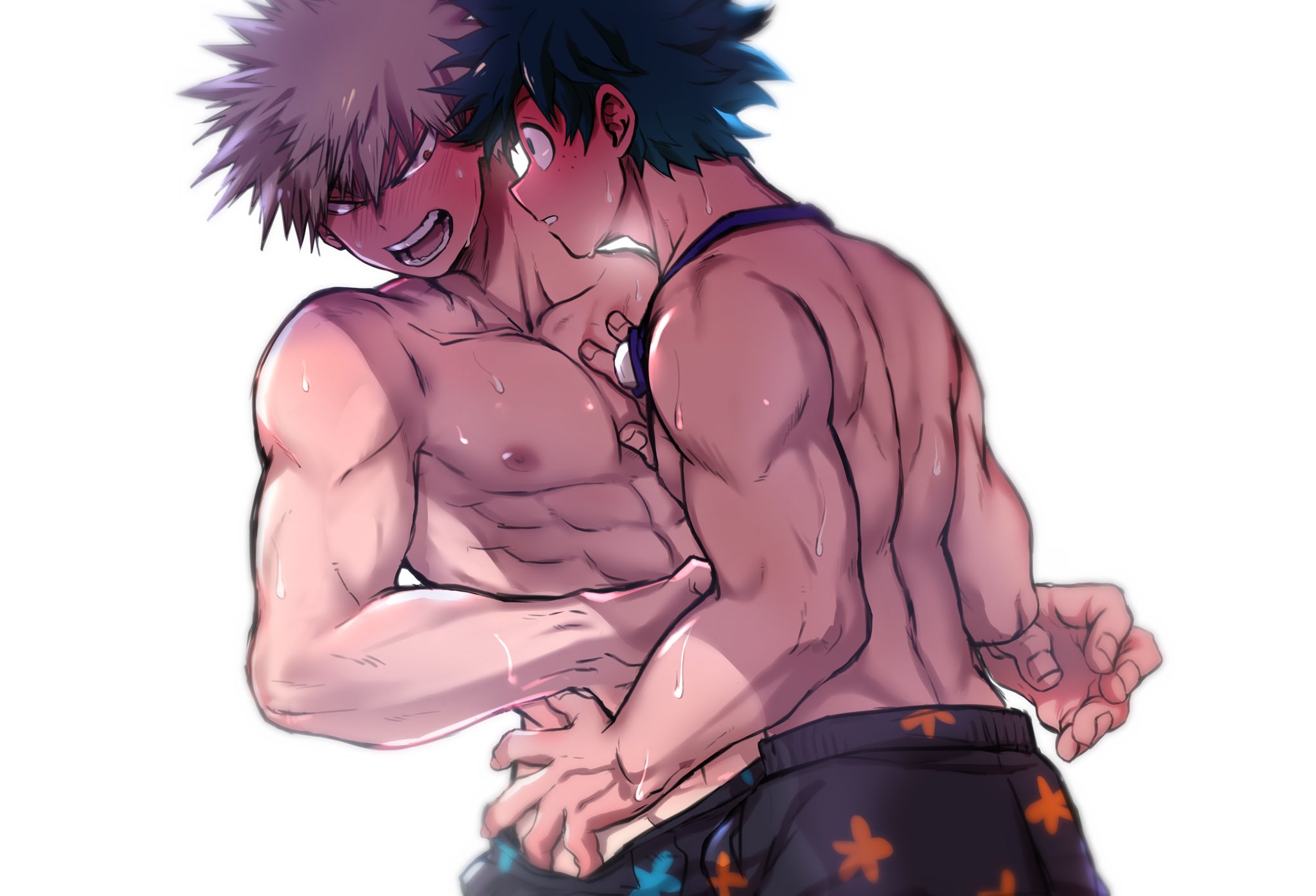 2boys, chiyaya666, deku, gay, izuku midoriya, katsuki bakugou, male, my hero academia, shirtless, sweat, yaoi