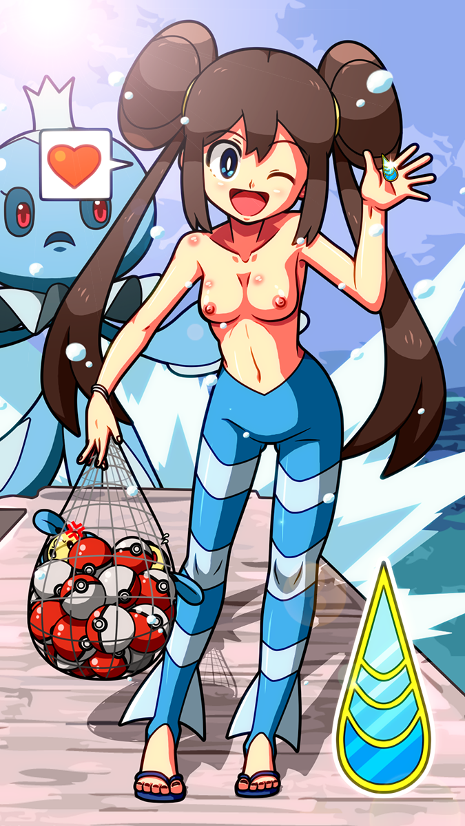 1girls badge breasts clothes color day female female_focus front_view game gym_badge_(pokemon) gym_leader_(cosplay) holding nintendo nipples one_eye_closed outdoors pokemon pokemon_bw2 rorretsim rosa_(pokemon) solo solo_female standing tagme topless topless_female water wave_badge wink winking