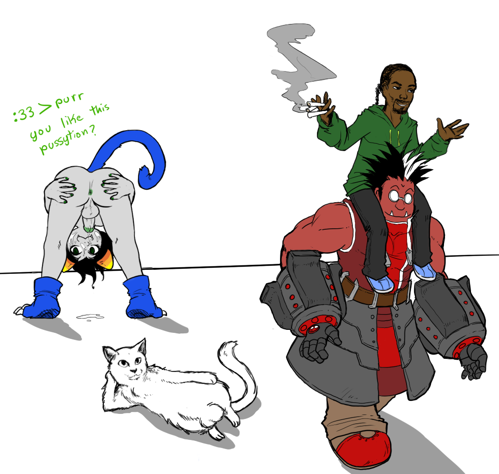 1futa 2boys :3 ass black_hair blazblue cat clothing crablouse crossover cum cum_on_face dark-skinned_male dark_skin dialogue facial_hair futanari green_eyes grey_skin homestuck horns iron_tager ms_paint_adventures nepeta_leijon penis presenting short_hair snoop_dogg snoop_lion tail text troll webcomic weed white_background white_fur