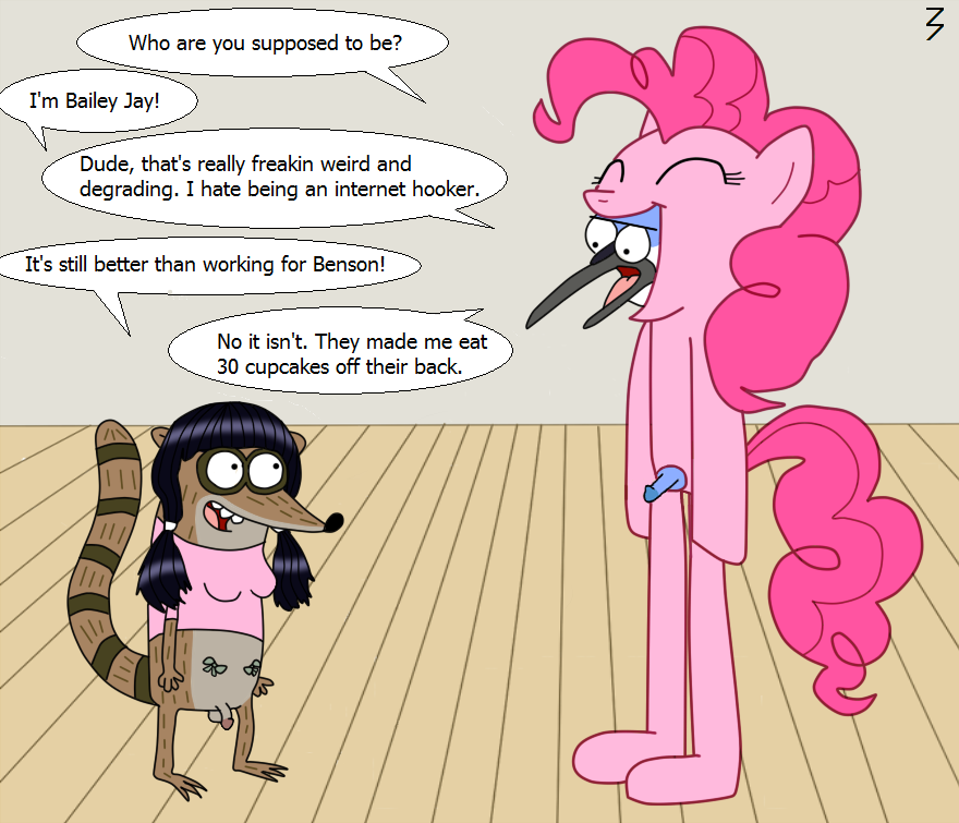 2boys 3pac bailey_jay balls bottomless breasts cosplay crossdressing erection femboy flaccid friendship_is_magic girly male male_only male_with_breasts male_with_male mordecai my_little_pony penis penis_out pinkie_pie_(mlp) regular_show rigby sissy small_balls small_breasts small_penis