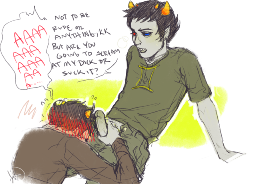 2boys, artist request, black hair, blue eyes, blush, clothing, dialogue, gay, grey skin, holding penis, homestuck, horns, karkat vantas, male, male only, ms paint adventures, open mouth, oral, penis, pointy ears, red eyes, sharp teeth, short hair, sollux captor, source request, speech bubble, text, troll, white background