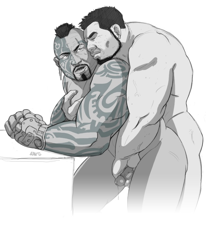 2boys beard closed_eyes dark-skinned_male dominic_santiago ear_piercing earring facial_hair gay gears_of_war hair holding_chest holding_penis looking_at_partner male mohawk moustache multiple_males nude penis precum_drip reach_around santo_(artist) tagme tai_kaliso tattoos veiny_muscles veiny_penis yaoi