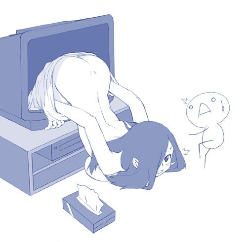 1boy, 1girls, artist request, ass, big ass, big breasts, blush, breasts, clothing, dress, female, hair over one eye, large breasts, long hair, male, monochrome, nude, open mouth, scared, sideboob, solo focus, television, the ring, through screen, tissue box, top-down bottom-up, topless, tv, wardrobe malfunction, yamamura sadako