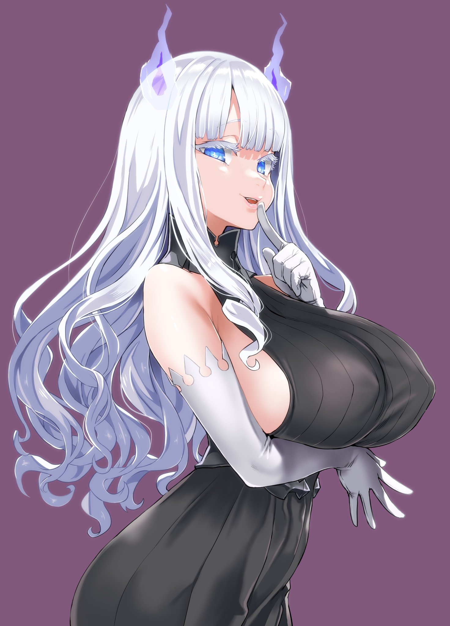 arm under breasts, asanagi, big breasts, blue eyes, breasts, curvy, detached sleeves, dress, female, female only, ghost, ghost girl, gloves, hand to own mouth, huge breasts, lips, long hair, looking at viewer, nipple bulge, open mouth, shoulders, side view, sideboob, simple background, sleeveless dress, smile, solo, virtual youtuber, white hair