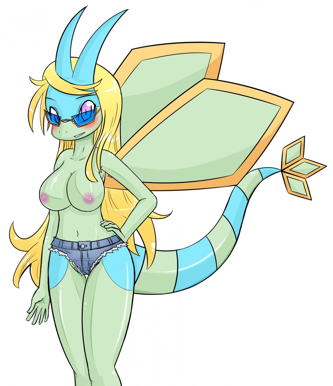 anthro blush breasts clothes color female female_only flygon nipples pokemon pokemon_(species) scalie shiny_flygon shiny_pokemon solo standing tagme topless wings