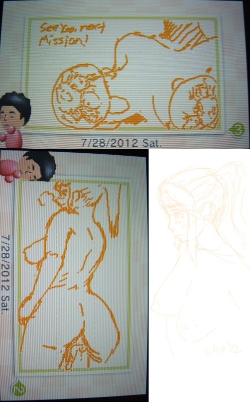 3ds breast_sucking chombie large_breasts metroid metroid_(creature) mii monochrome nintendo nintendo_3ds samus_aran sketch swapnote swapnote_(art_program) tagme