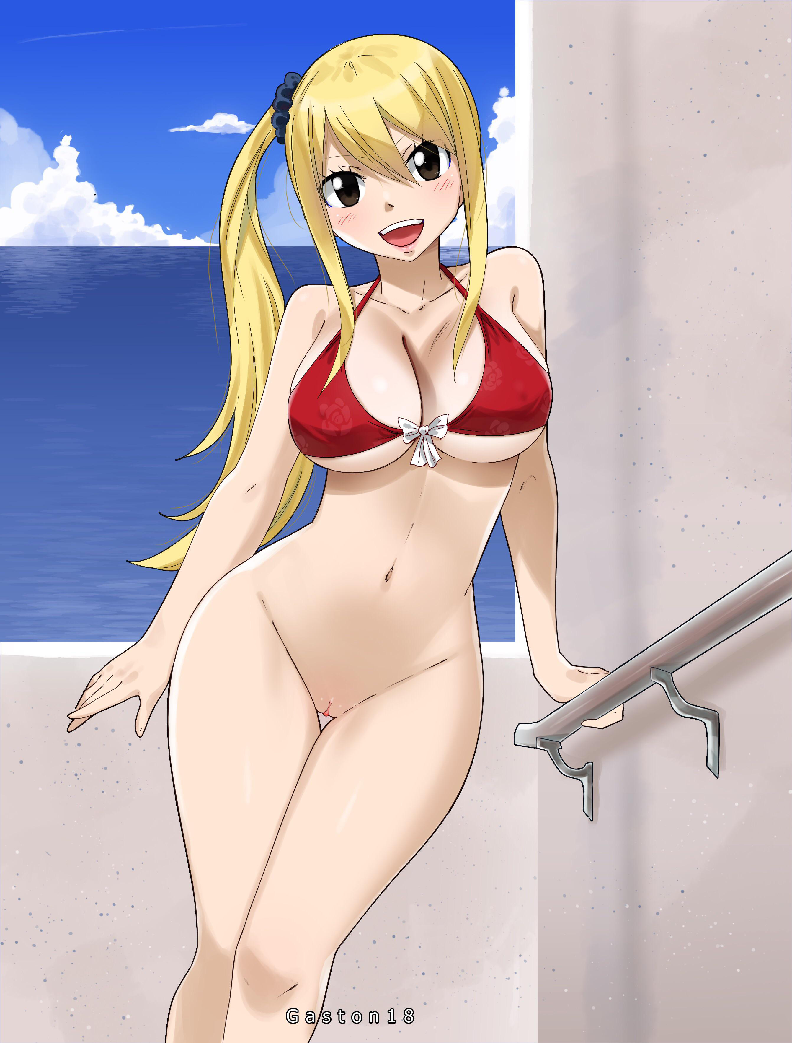 1girls, almost naked, almost nude, belly button, big boobs, big breasts, bikini, bikini top, bikini top only, blonde hair, blonde-haired female, blue scrunchie, blush, boobs, bottomless, bottomless female, breasts, brown eyes, busty, busty female, busty woman, child bearing hips, cleavage, clitoris, curvy, curvy body, curvy female, curvy figure, curvy hips, curvy thighs, fairy tail, female, gaston18, half naked, half naked female, half nude, half nude female, half-dressed, handrail, happy, large breasts, leaning on railing, linea alba, long blonde hair, long hair, looking at viewer, lucy heartfilia, naked from the waist down, naked from the waist down female, navel, no bikini bottom, no panties, ocean, open mouth, open mouth smile, open smile, perfect body, pussy, railing, red bikini, ribbon, scrunchie, sea, side ponytail, smile, solo, solo female, swimsuit, tagme, thick thighs, thigh gap, thighs, uncensored, uncensored pussy, uncensored vagina, visible pussy, voluptuous, voluptuous body, voluptuous female, water, well endowed, white ribbon, wide hips