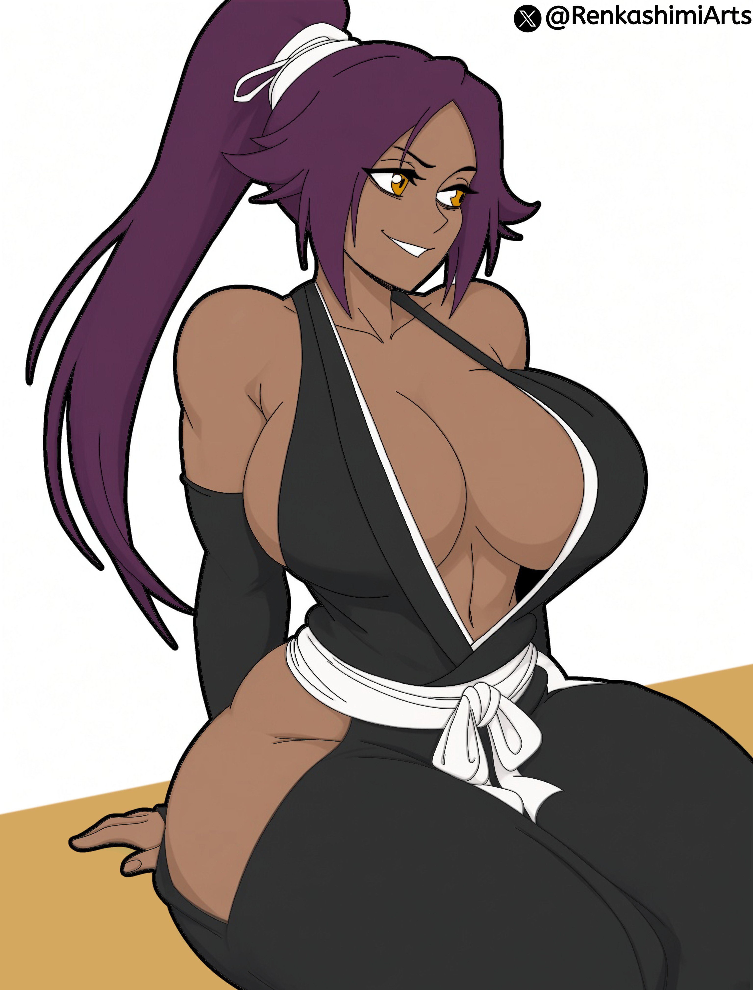 1girls, bleach, dark-skinned female, large breasts, milf, purple hair, revealing clothing, shihouin yoruichi
